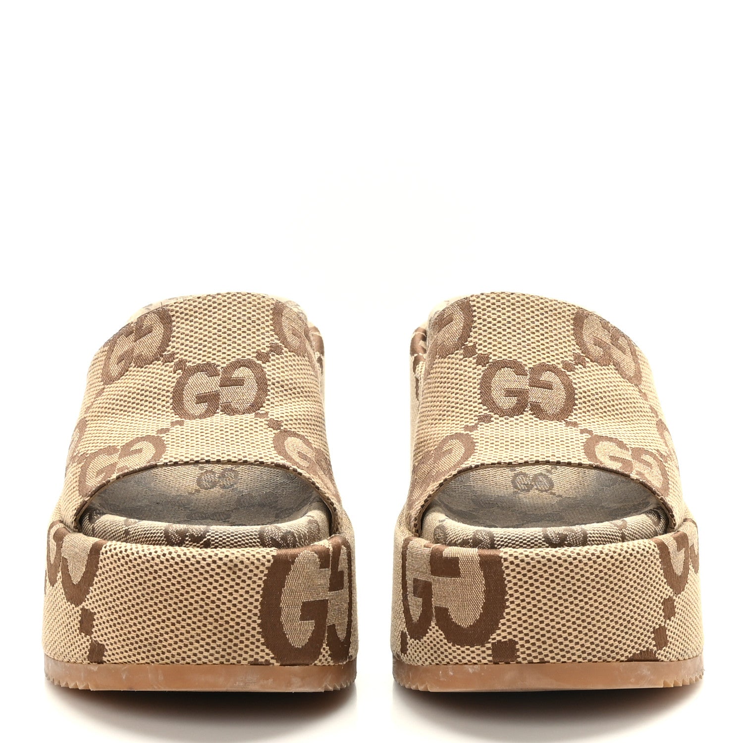 Gucci Monogram Jumbo GG Platform Slide Wedge Sandals 37.5 Camel