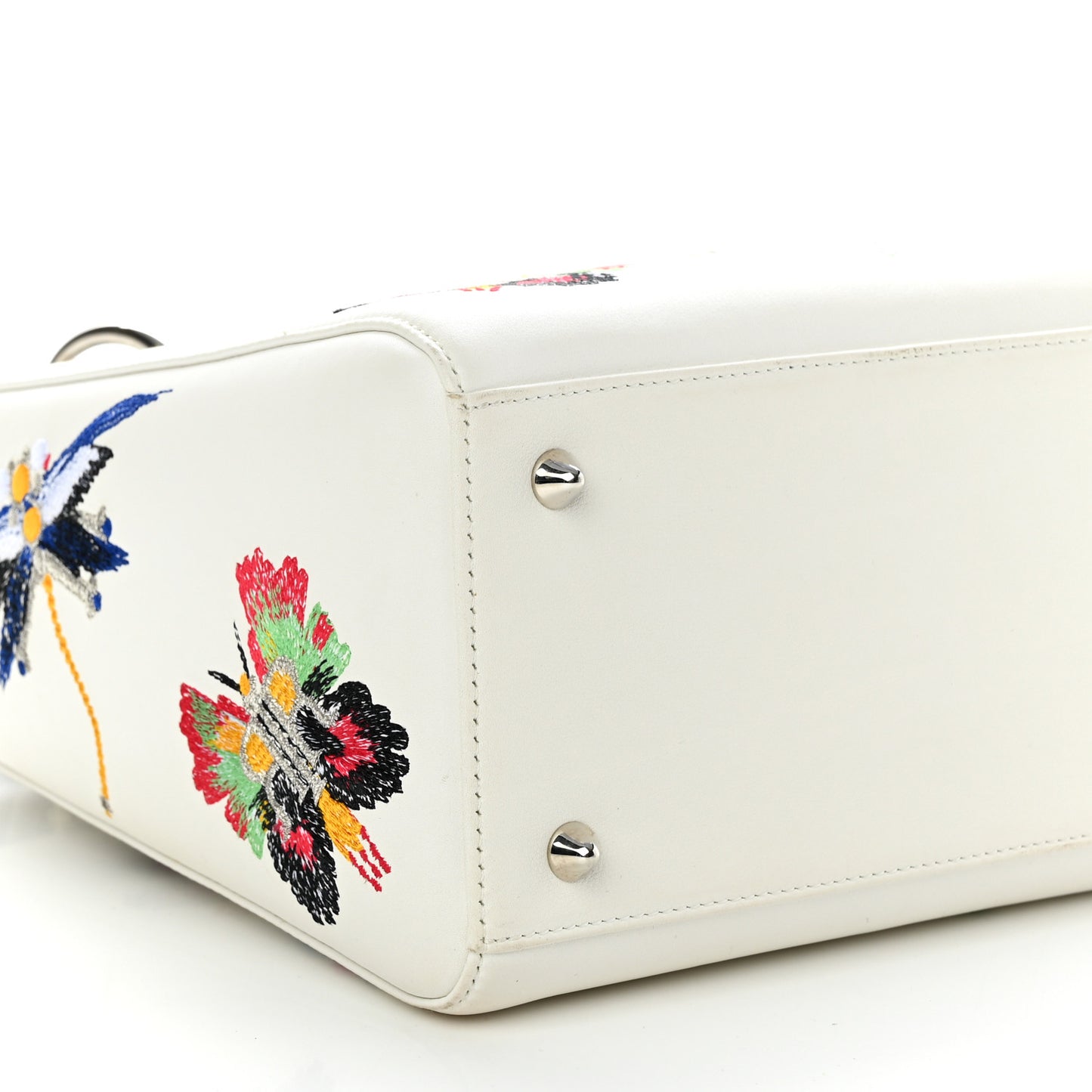 Smooth Calfskin Embroidered Medium Lady Dior White Multicolor