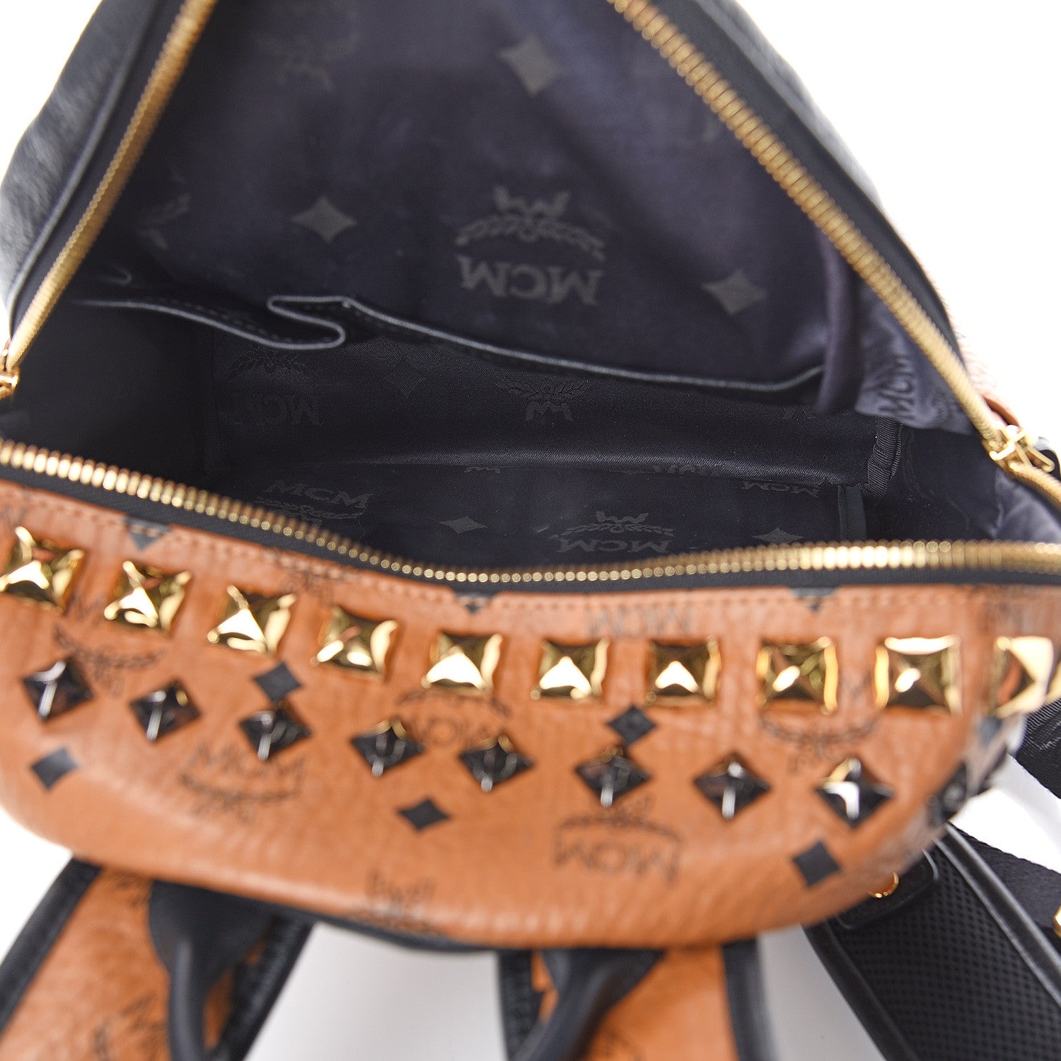 MCM Visetos Studded Colorblock Small Stark Brock Backpack Cognac Black 4 of 8
