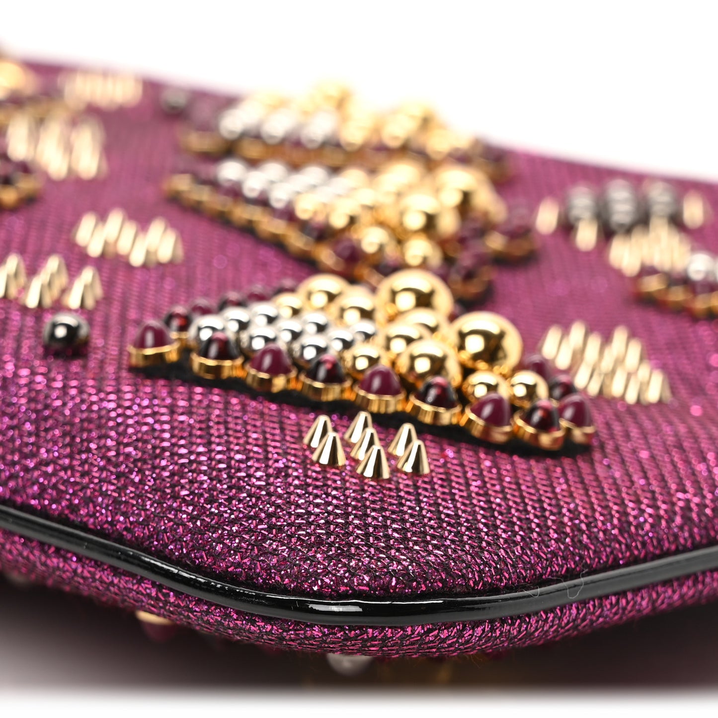 Metallic Raffia Studded Loubiposh Chain Clutch Magenta