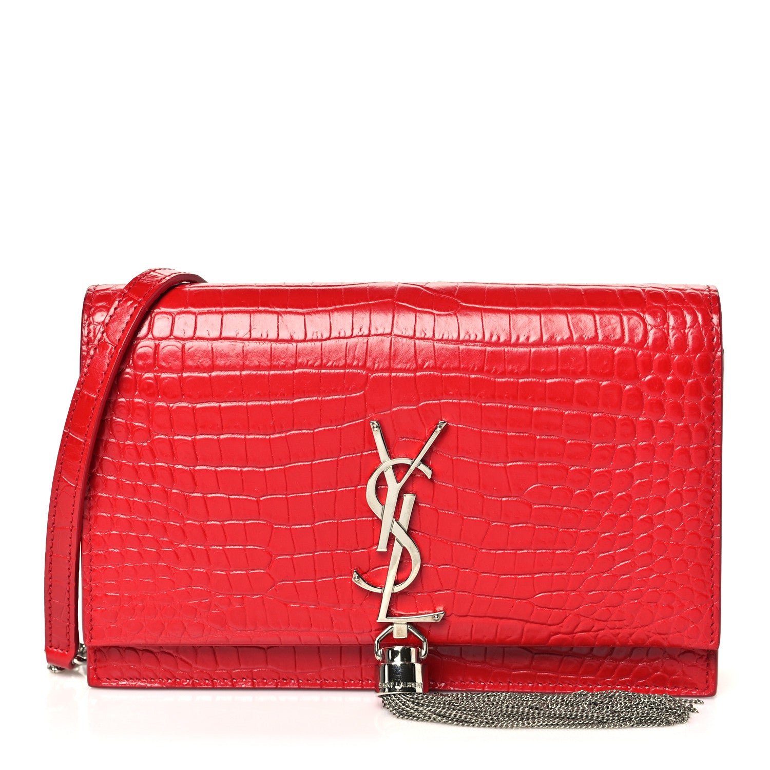 Saint Laurent Calfskin Crocodile Embossed Kate Monogram Tassel Chain Wallet Rouge Eros 1 of 10