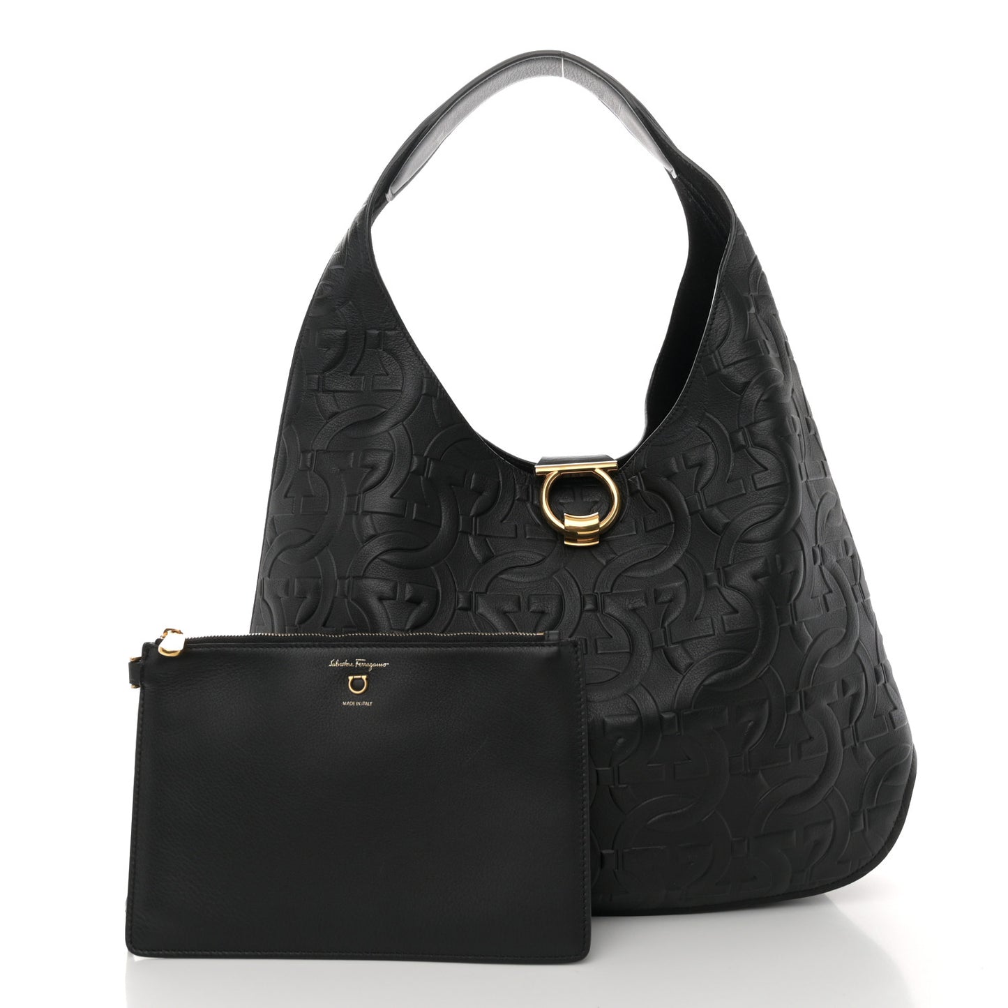 SALVATORE FERRAGAMO Calfskin Embossed Gancini Margot Hobo Black