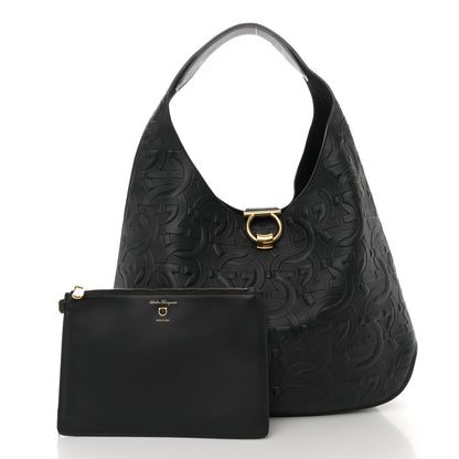 Salvatore Ferragamo SALVATORE FERRAGAMO Calfskin Embossed Gancini Margot Hobo Black 3 of 10