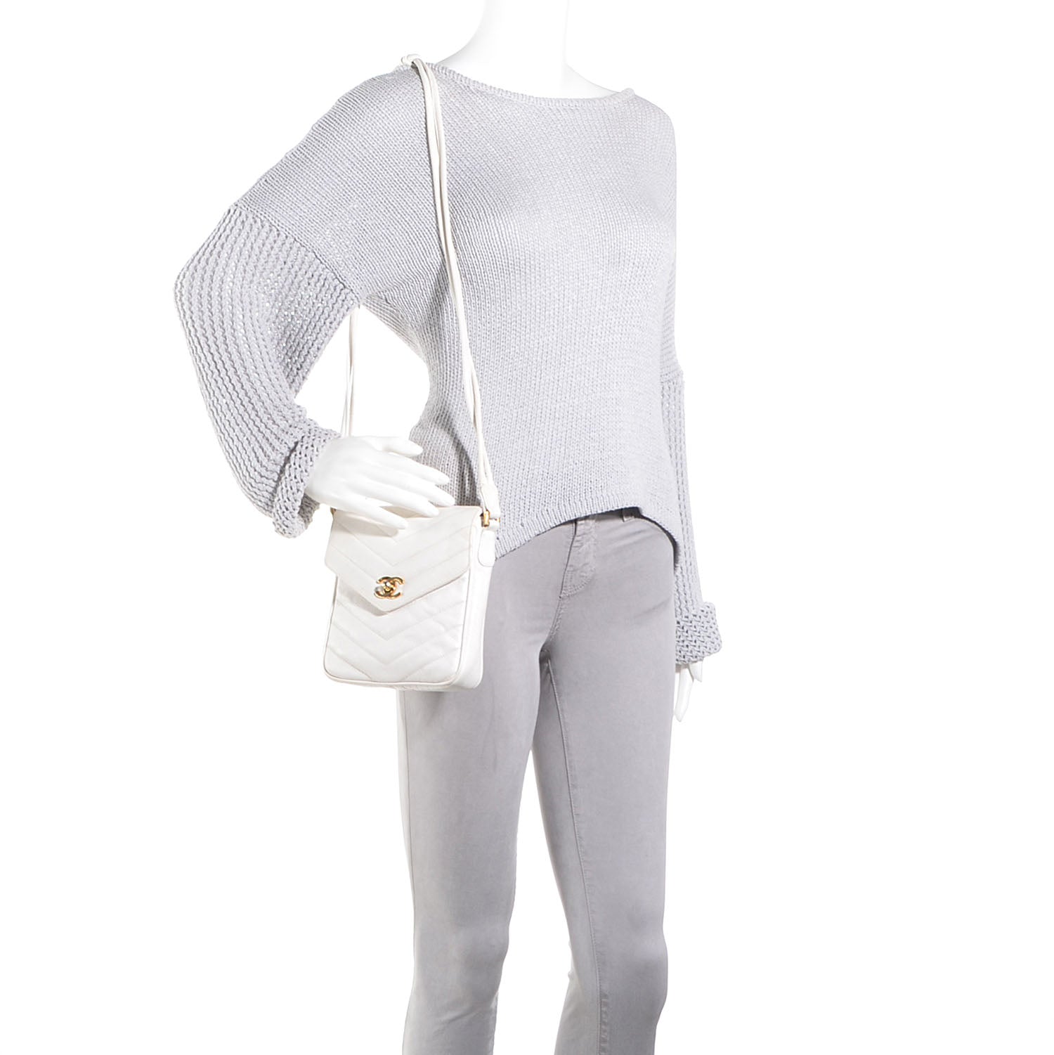 Chanel Caviar Chevron Shoulder Flap Bag White 2 of 9
