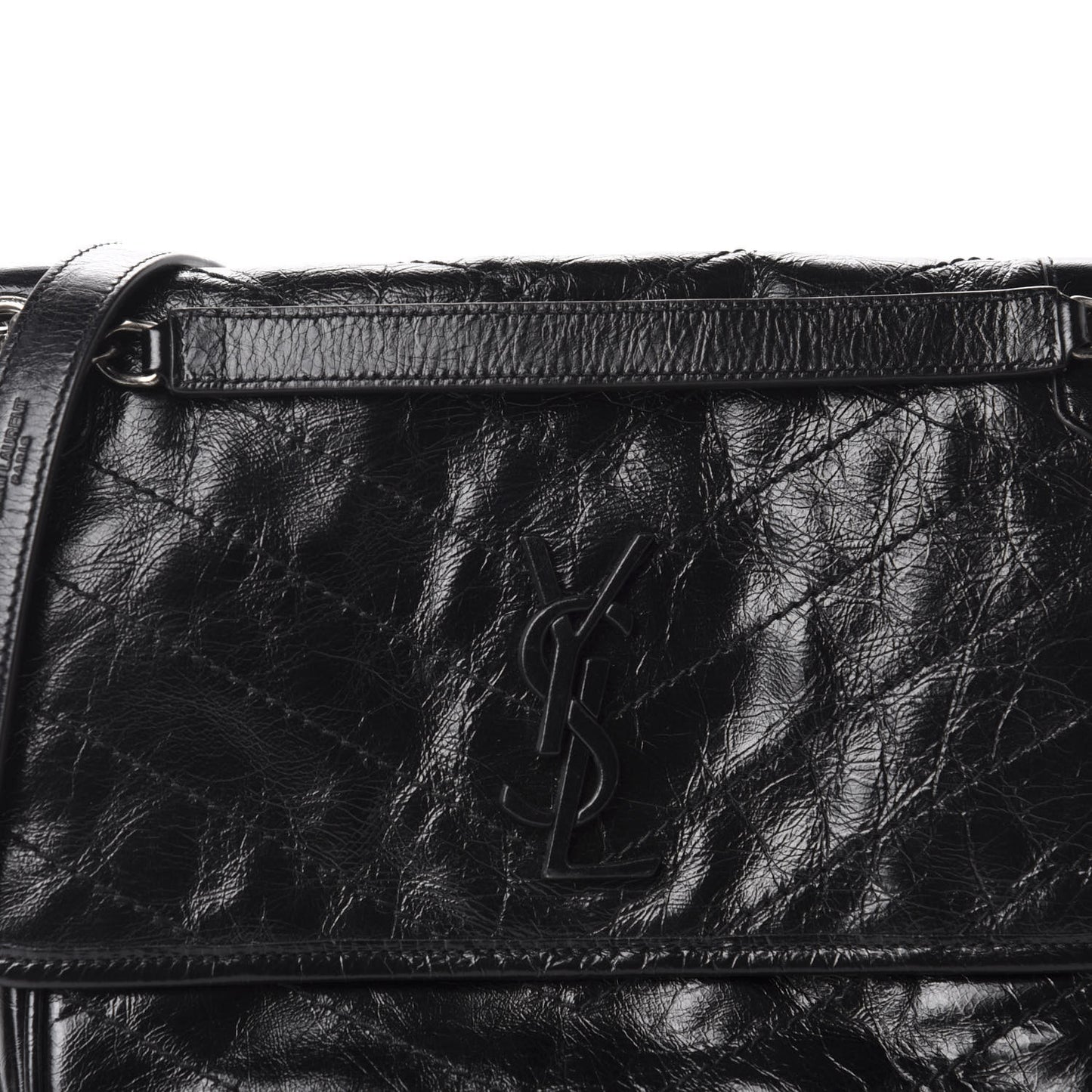 Crinkled Calfskin Matelasse Monogram Baby Niki Chain Satchel Black