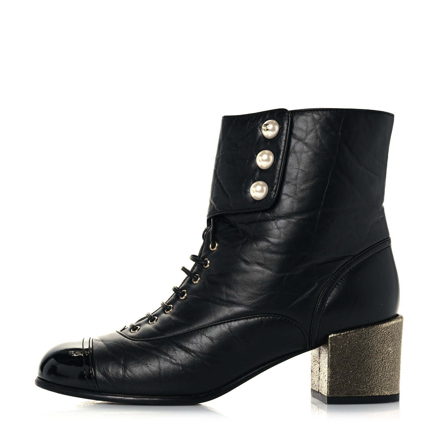 Chanel Calfskin Patent Pearl Short Boots 40 Black Gold 1 of 10