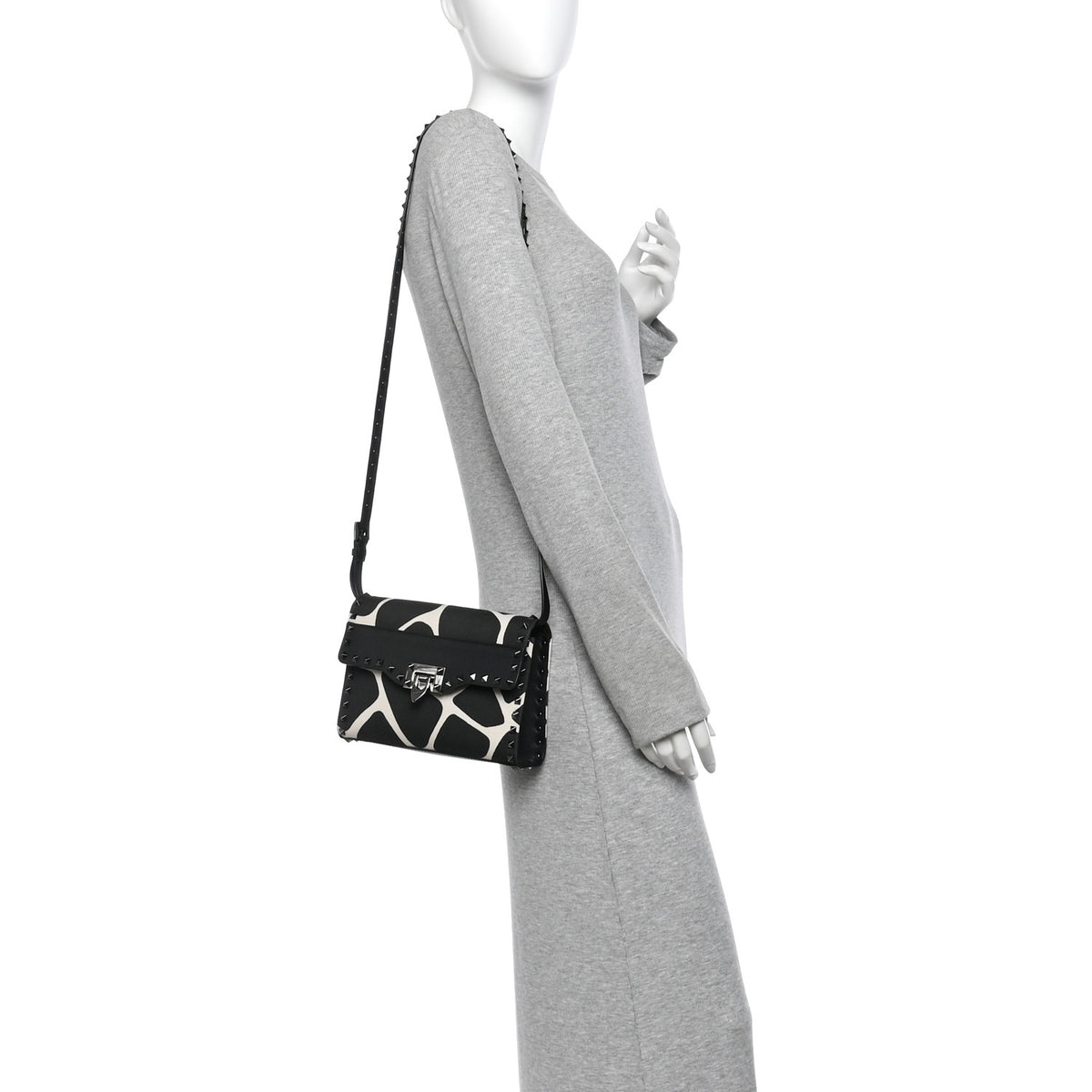 Valentino Garavani Calfskin Canvas Giraffe Print Medium Rockstud Flip Lock Crossbody Bag Black White 2 of 11