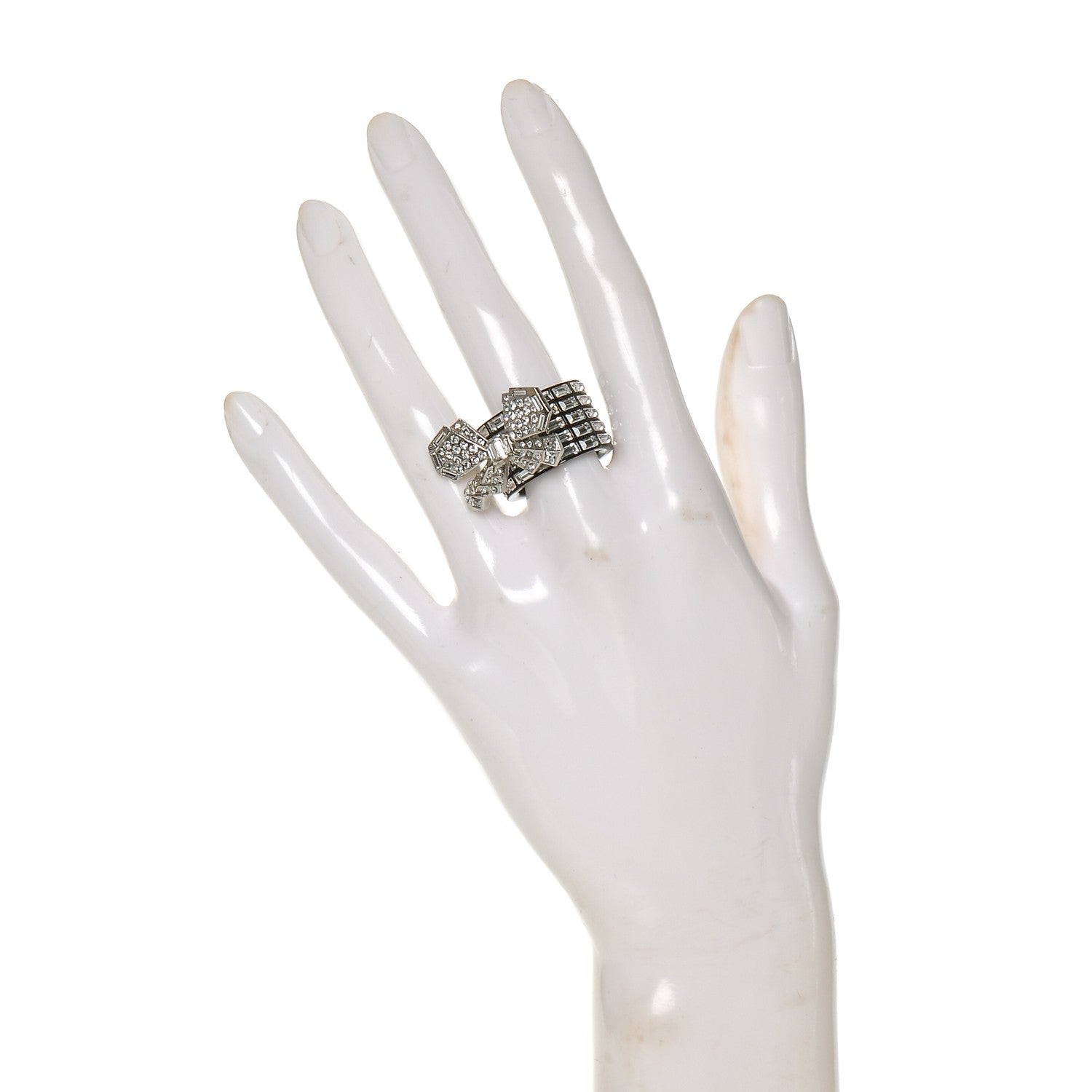 Chanel Resin Baguette Crystal Bow Ring 7 Black 2 of 4
