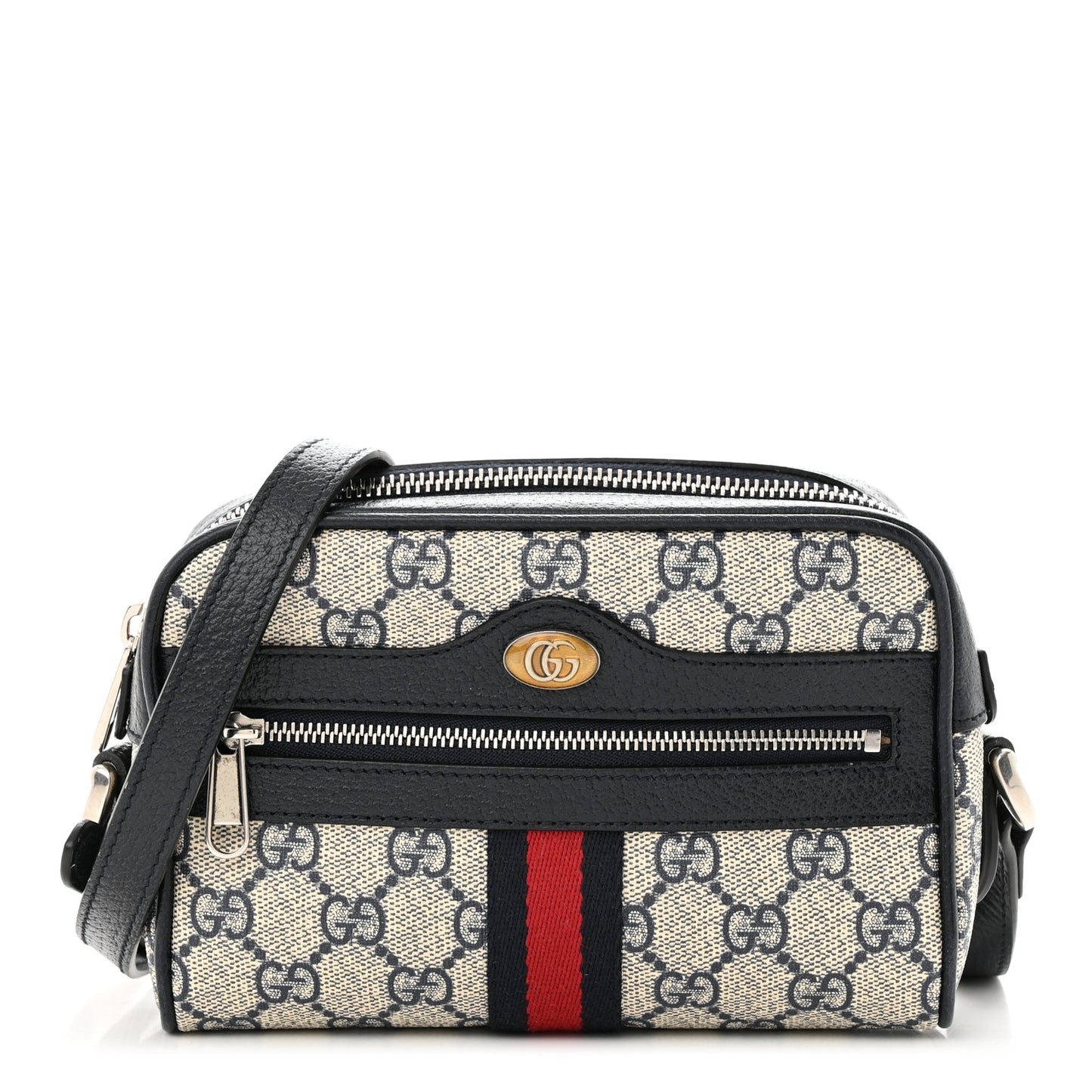 GG Supreme Monogram Textured Dollar Calfskin Web Mini Ophidia Shoulder Bag Beige Blue