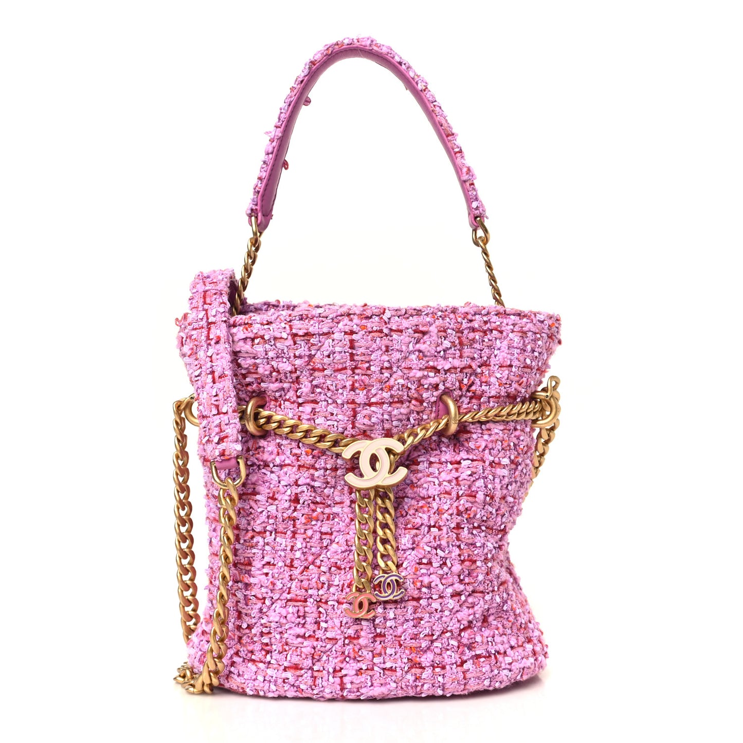 Tweed Enamel Quilted Pending CC Bucket Drawstring Bag Light Purple Pink Red