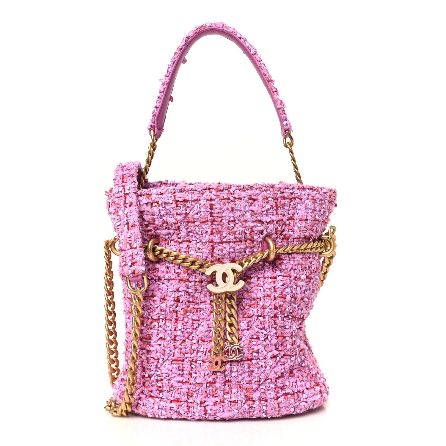 Chanel Tweed Enamel Quilted Pending CC Bucket Drawstring Bag Light Purple Pink Red 1 of 8