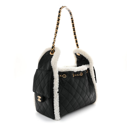 Chanel Crumpled Sheepskin Shearling Quilted Small Chanel 25 Handbag Black White 3 of 10