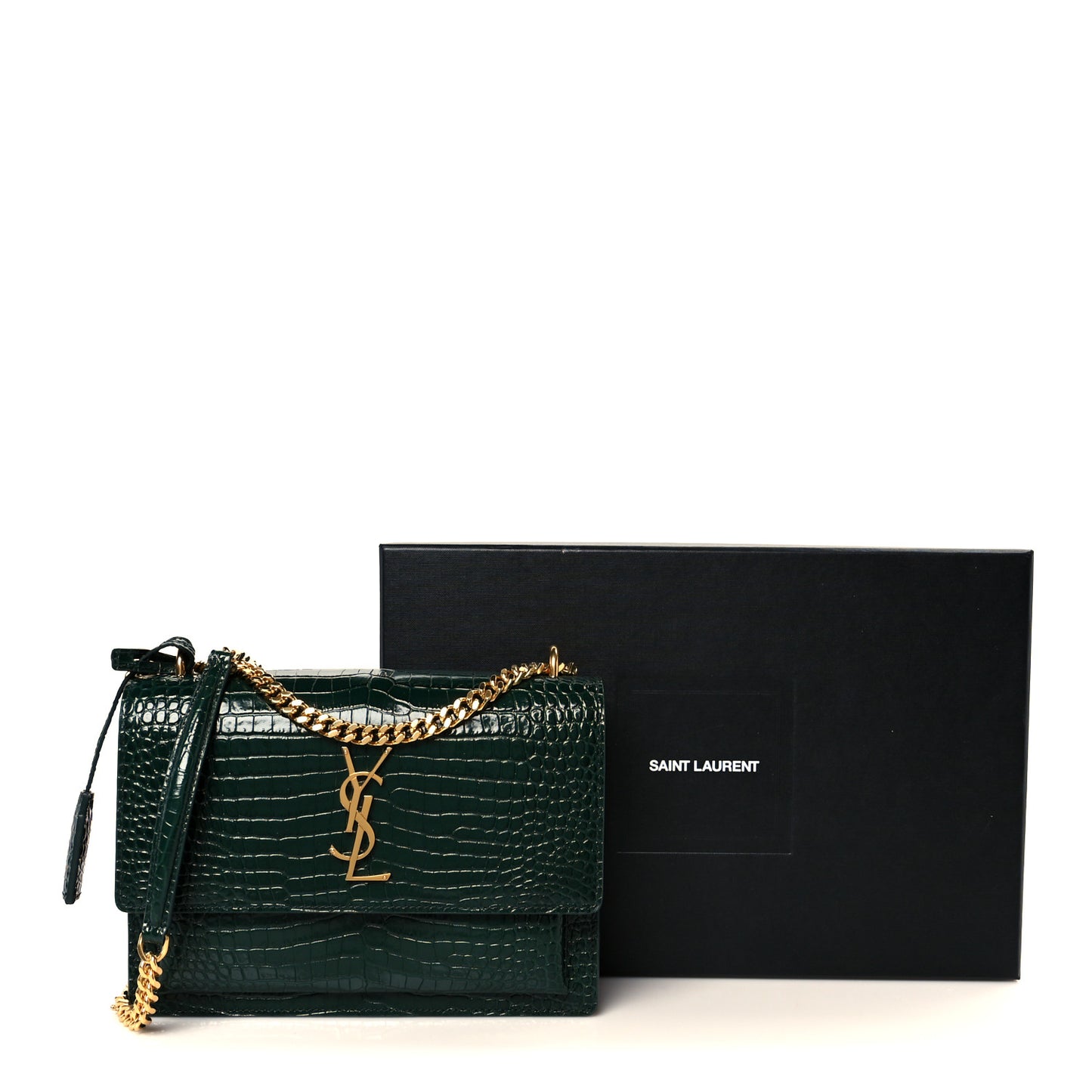 Calfskin Crocodile Embossed Medium Monogram Sunset Dark Green