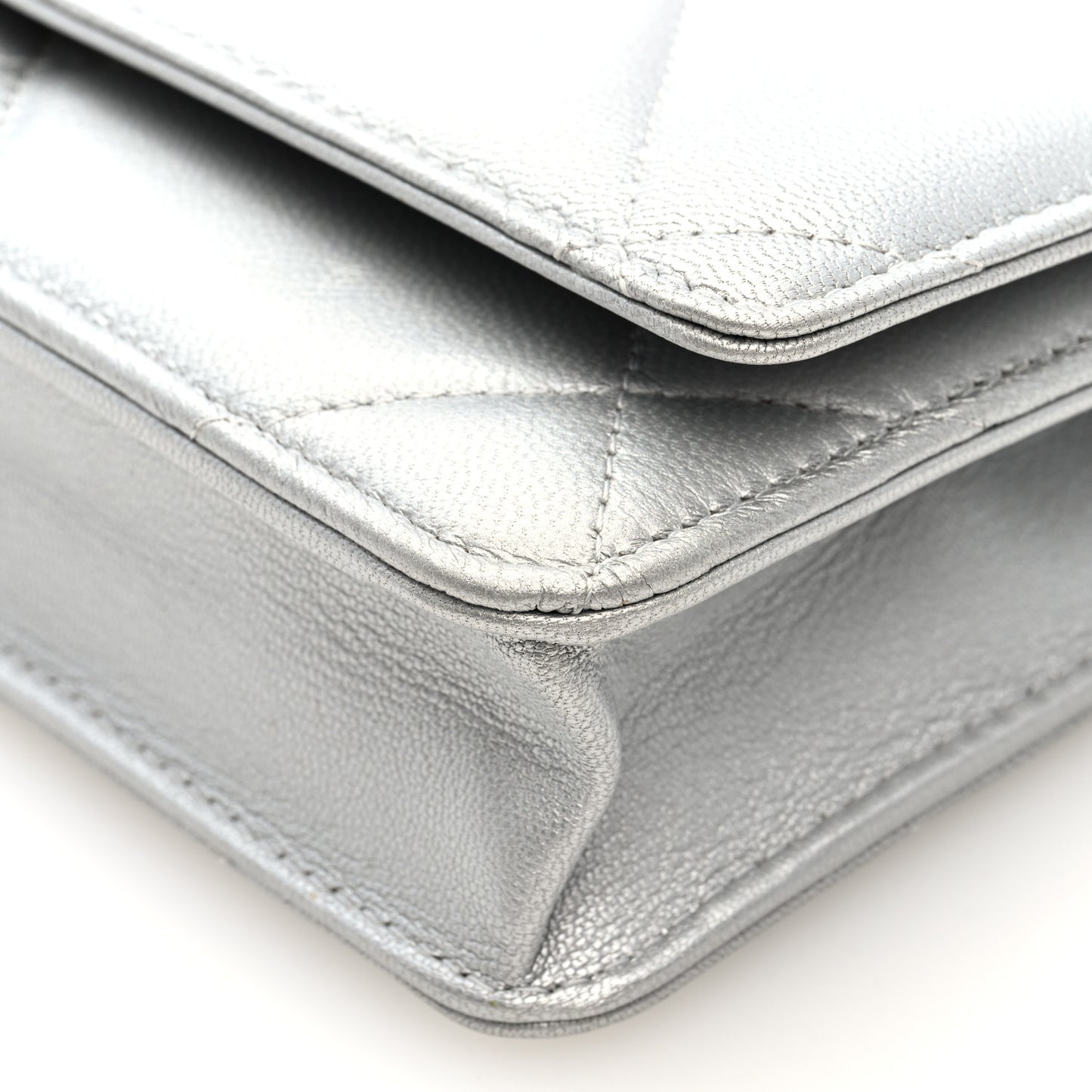 Metallic Lambskin Quilted Chanel 19 Wallet On Chain WOC Silver