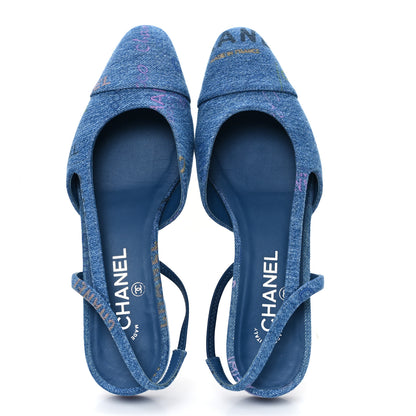 Chanel Denim Printed Denim Mood Cap Toe CC Slingback Flats 39 Light Blue Multicolor 2 of 11