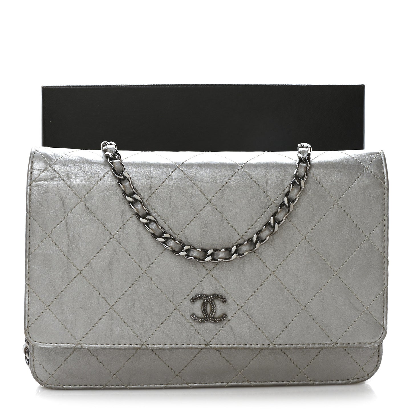 Metallic Aged Calfskin Quilted Wallet on Chain WOC Silver