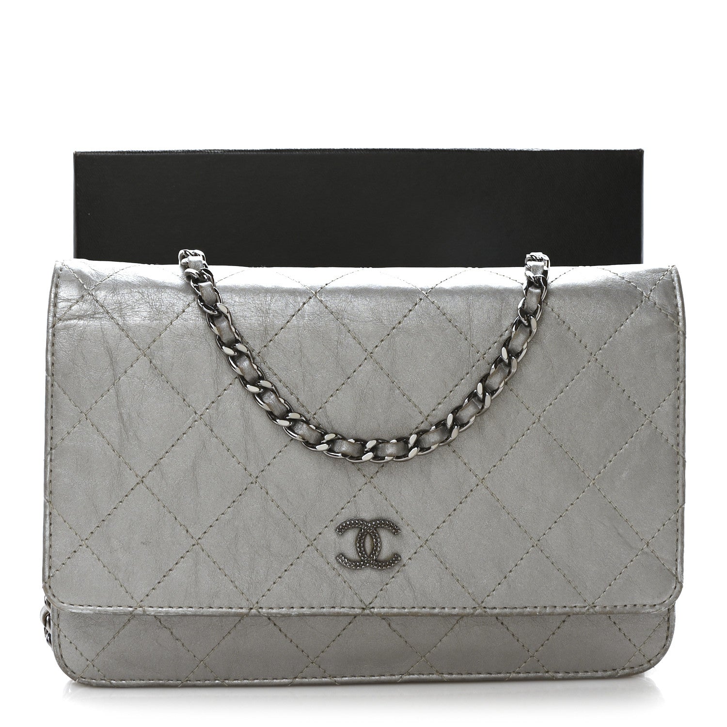 Chanel Metallic Aged Calfskin Quilted Wallet on Chain WOC Silver 12 of 12