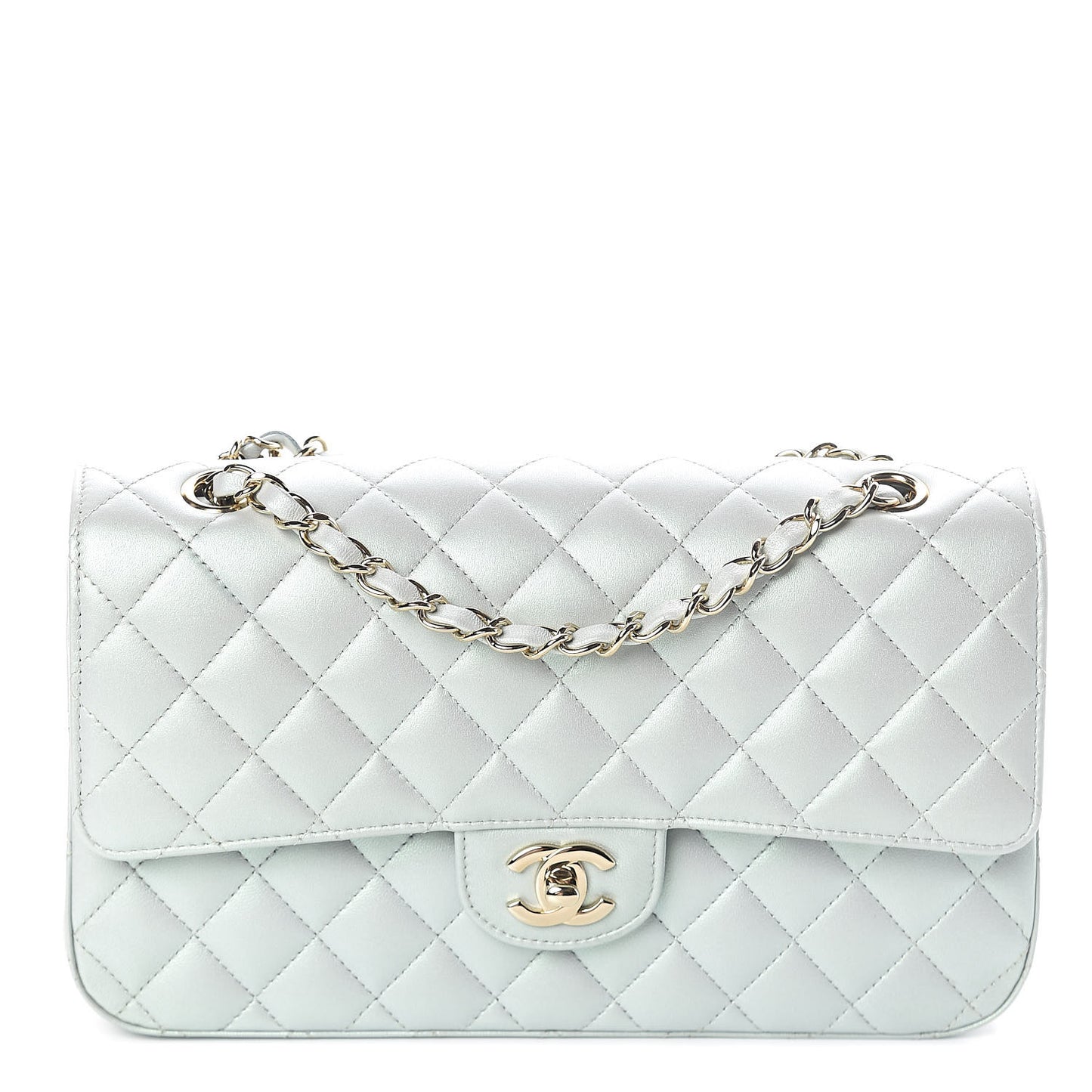 Iridescent Lambskin Quilted Medium Double Flap Light Blue