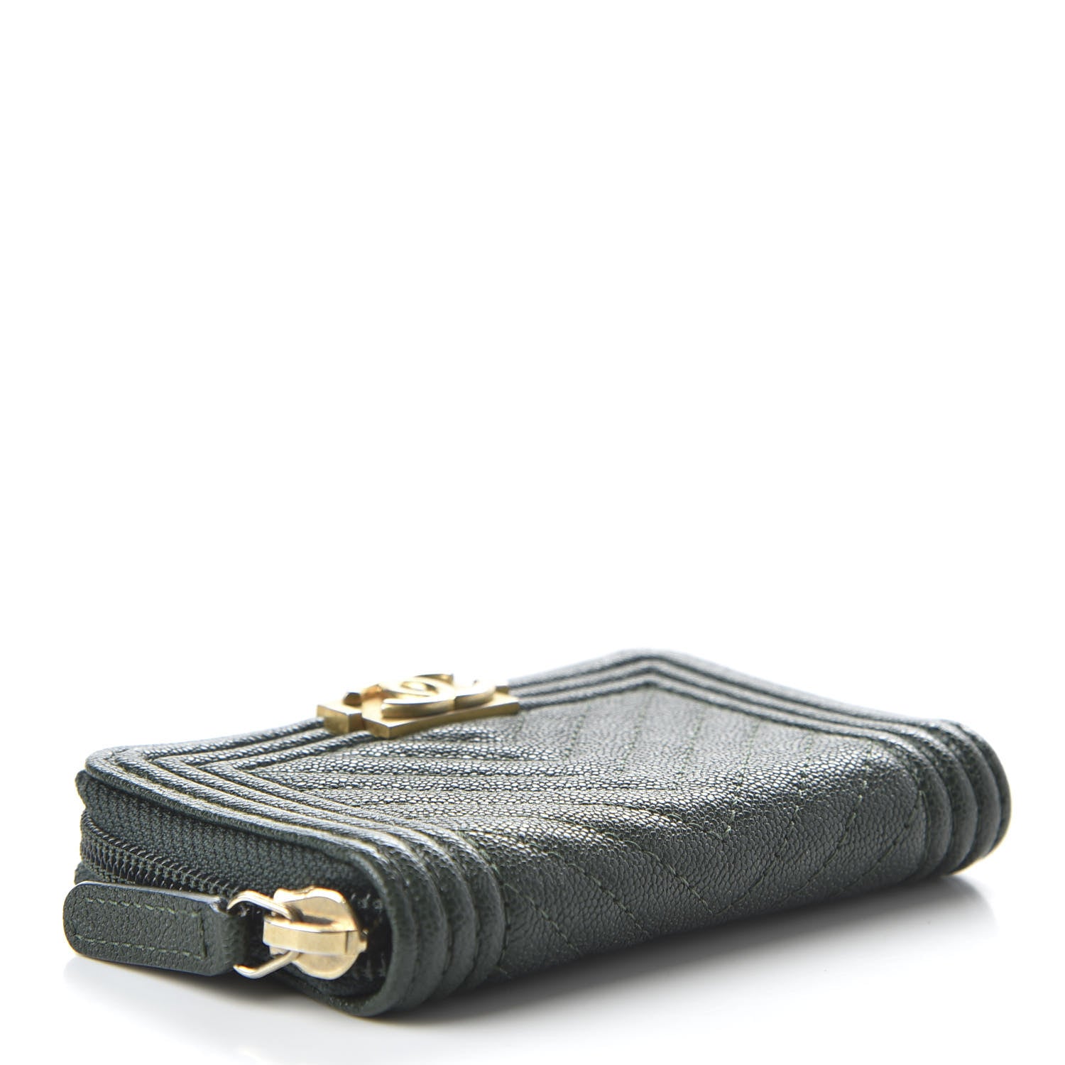 Chanel Caviar Chevron Quilted Boy Zip Around Coin Purse Wallet Dark Green 4 of 11
