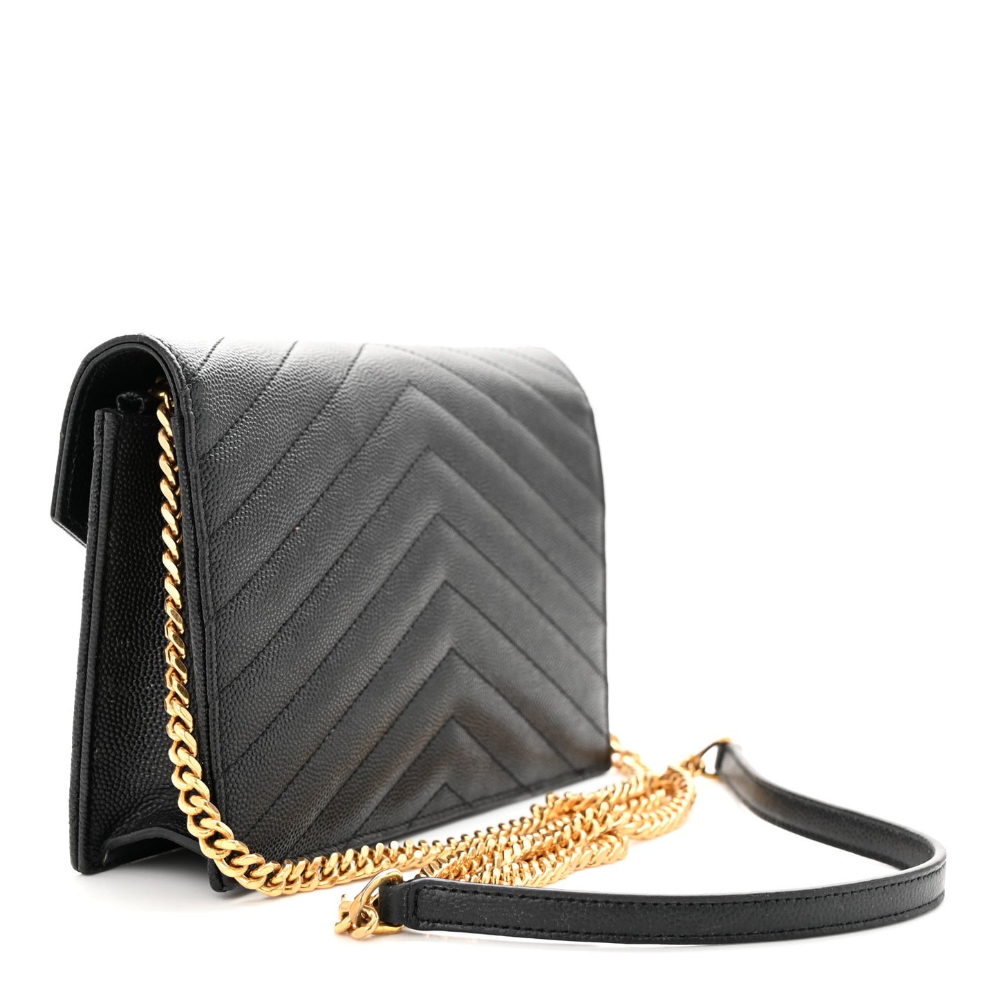 Grain De Poudre Matelasse Chevron Monogram Envelope Chain Wallet Black