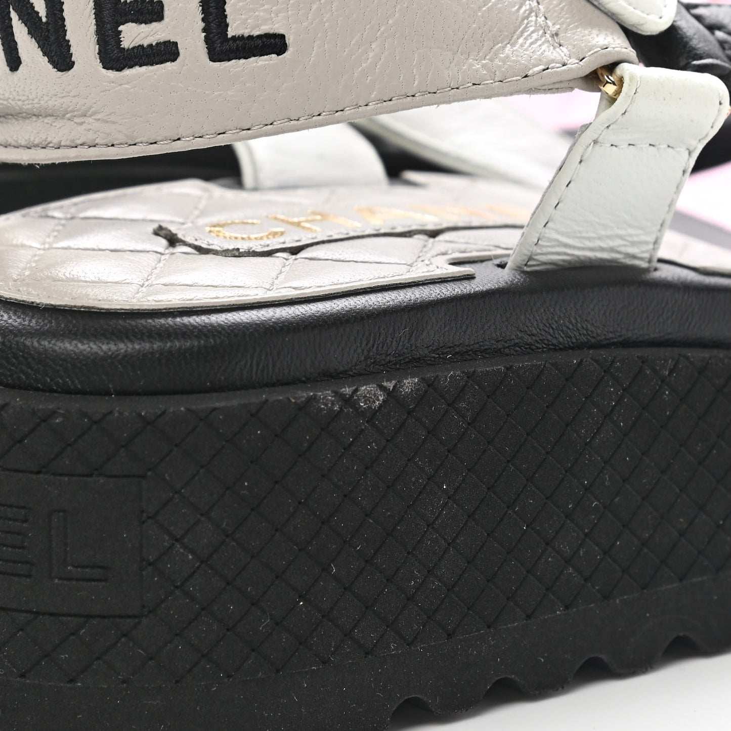 Lambskin Quilted CC Logo Platform Sandals 37.5 Black White Pink