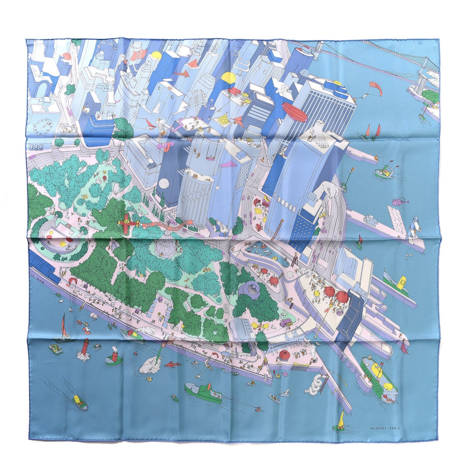 Hermes Silk The Battery New York Scarf 90 Bleu Vert Rose Pale 1 of 8