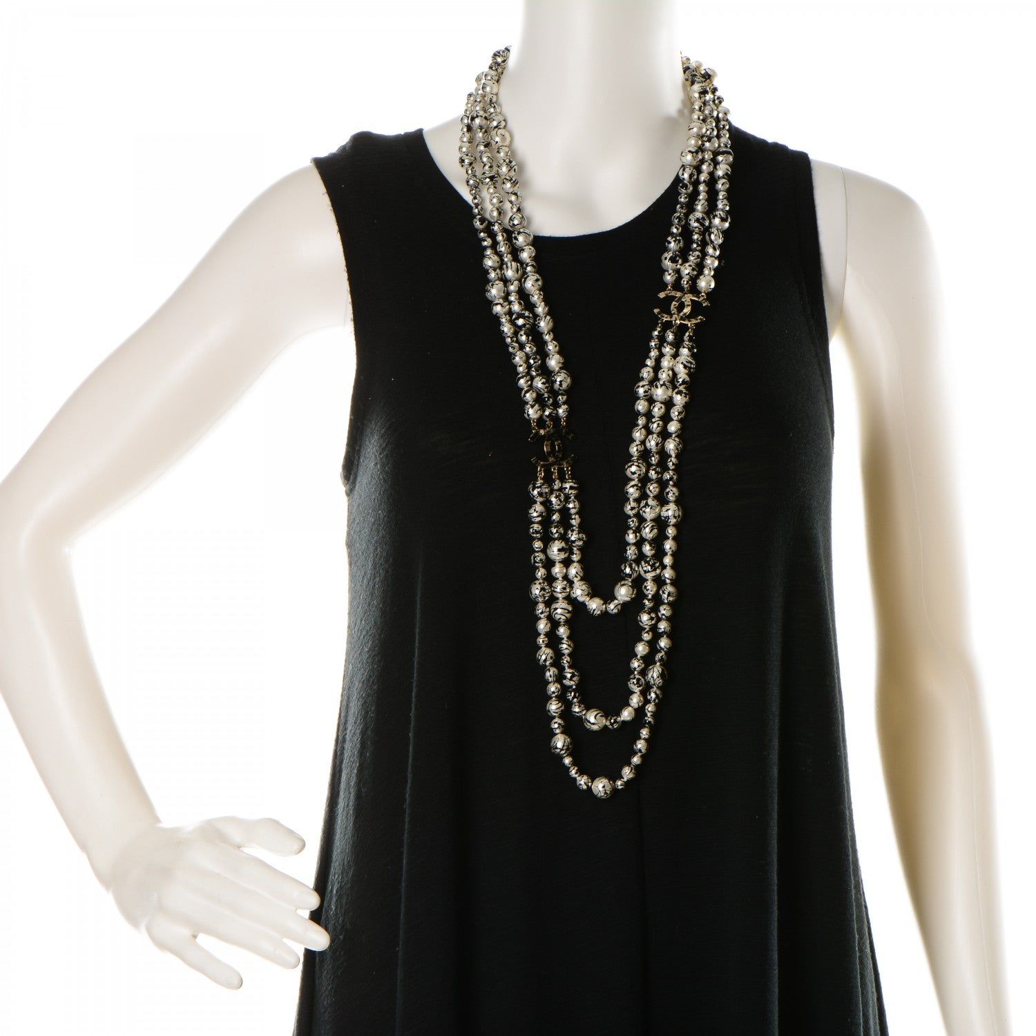 Chanel Pearl CC Graffiti 3 Strand Long Necklace Black Gold 2 of 9