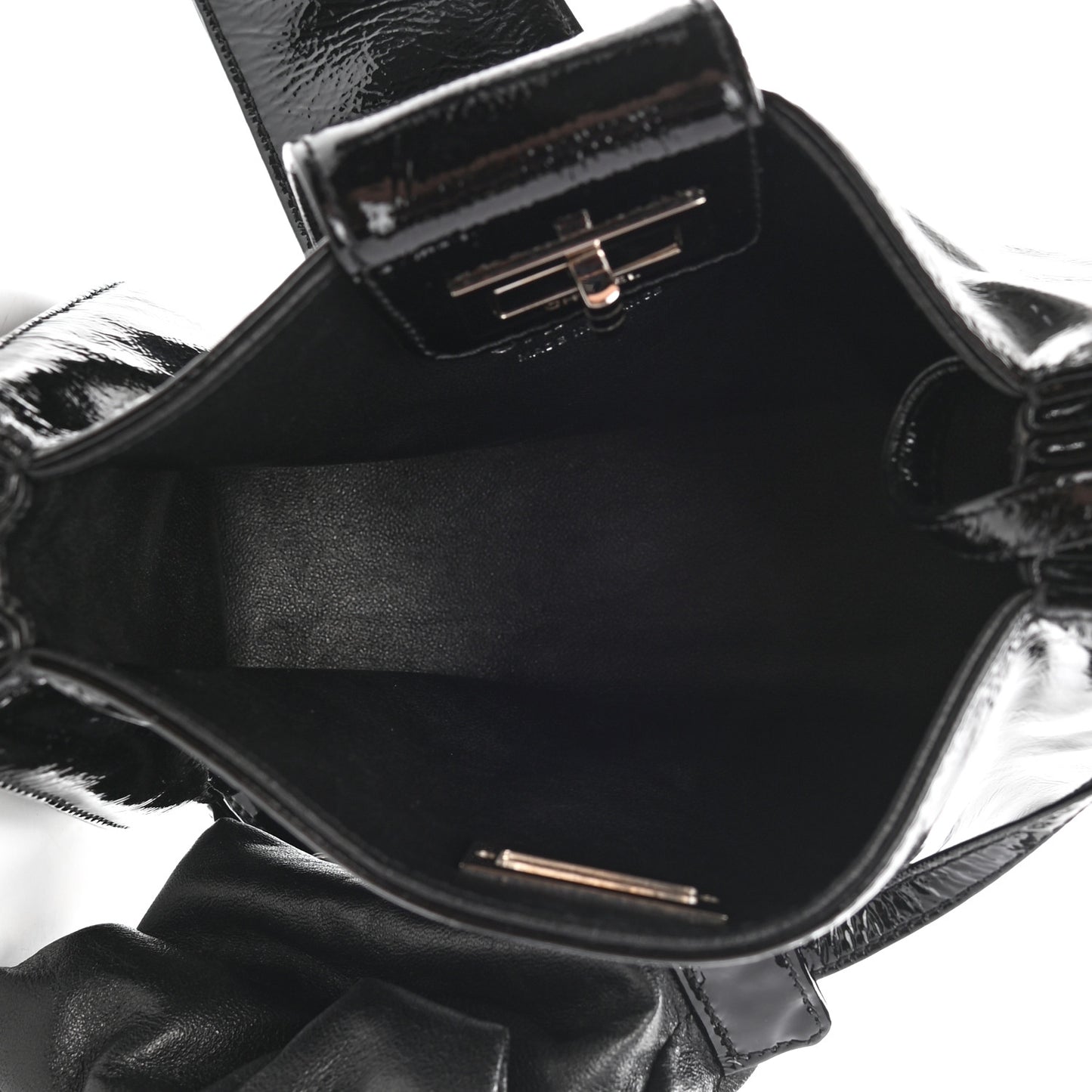 Patent Mademoiselle Lock Convertible Wrist Clutch Bag Black