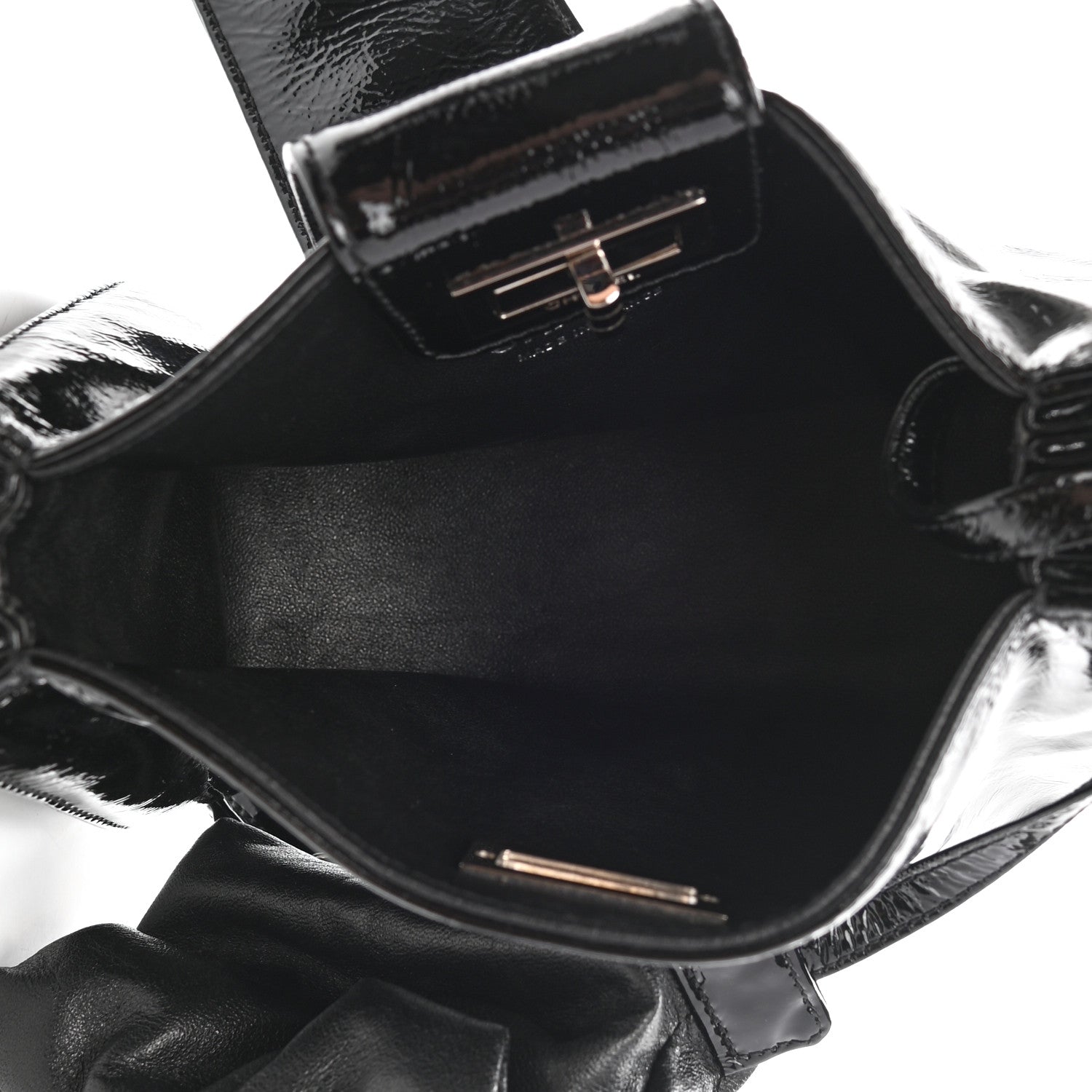Chanel Patent Mademoiselle Lock Convertible Wrist Clutch Bag Black 6 of 8
