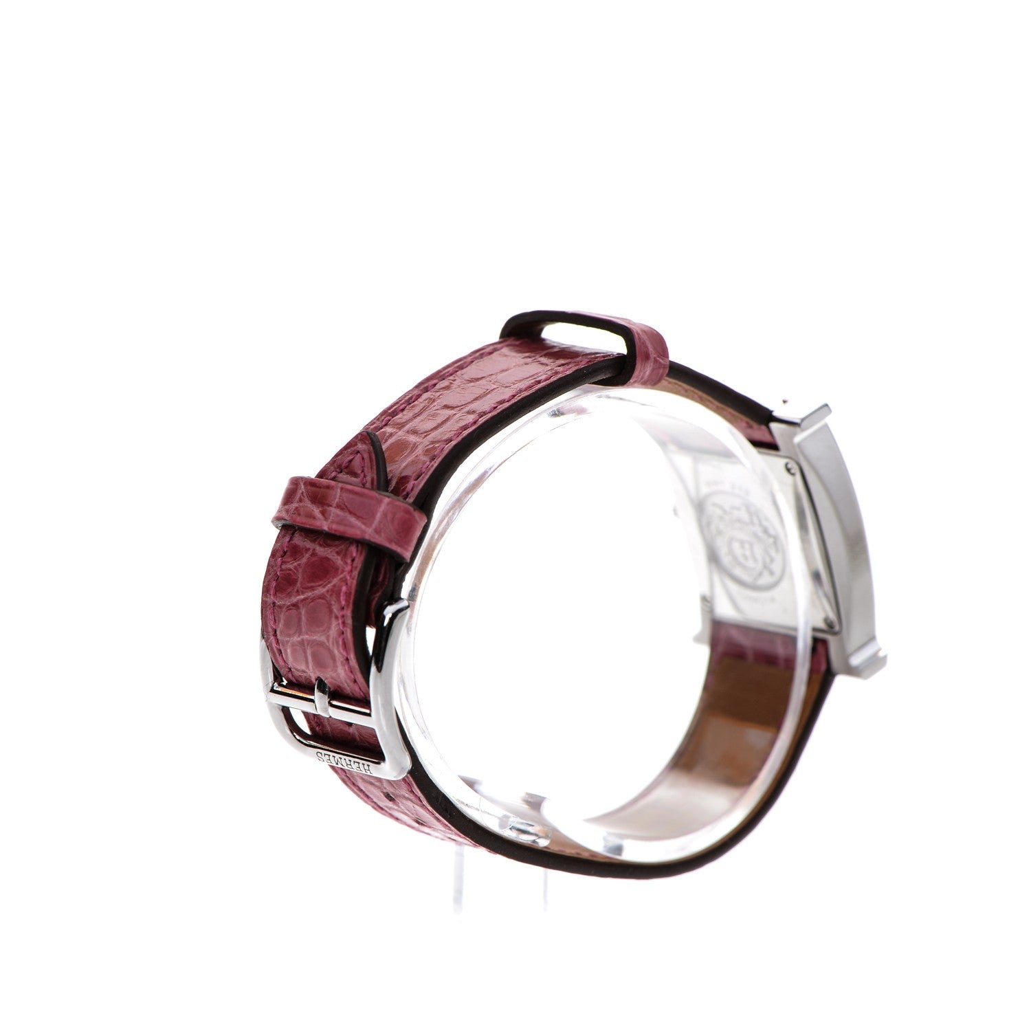 Hermes Stainless Steel Alligator Diamond Mother of Pearl 21mm Heure H Hour Quartz Watch Framboise 5 of 10