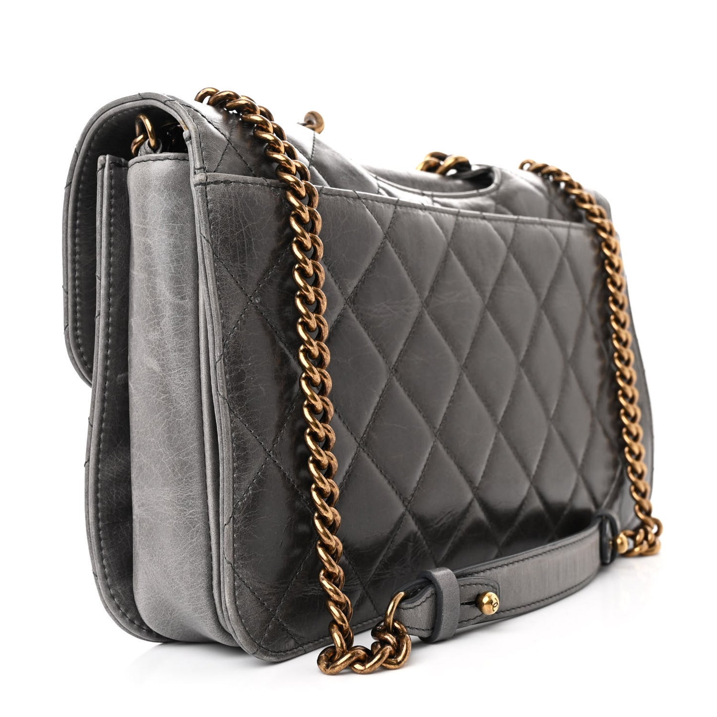 Glazed Calfskin Quilted Large Perfect Edge Flap Grey