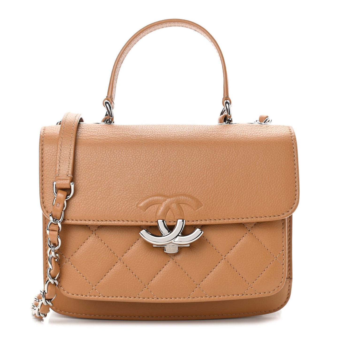 Grained Calfskin Quilted Small CC Box Top Handle Flap Camel