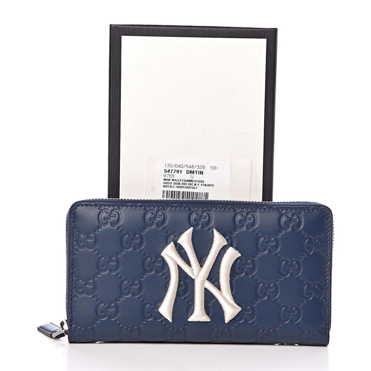 Gucci X MLB Guccissima Signature NY Yankees Embroidered Zip Around Wallet Royale Ivory 7 of 7