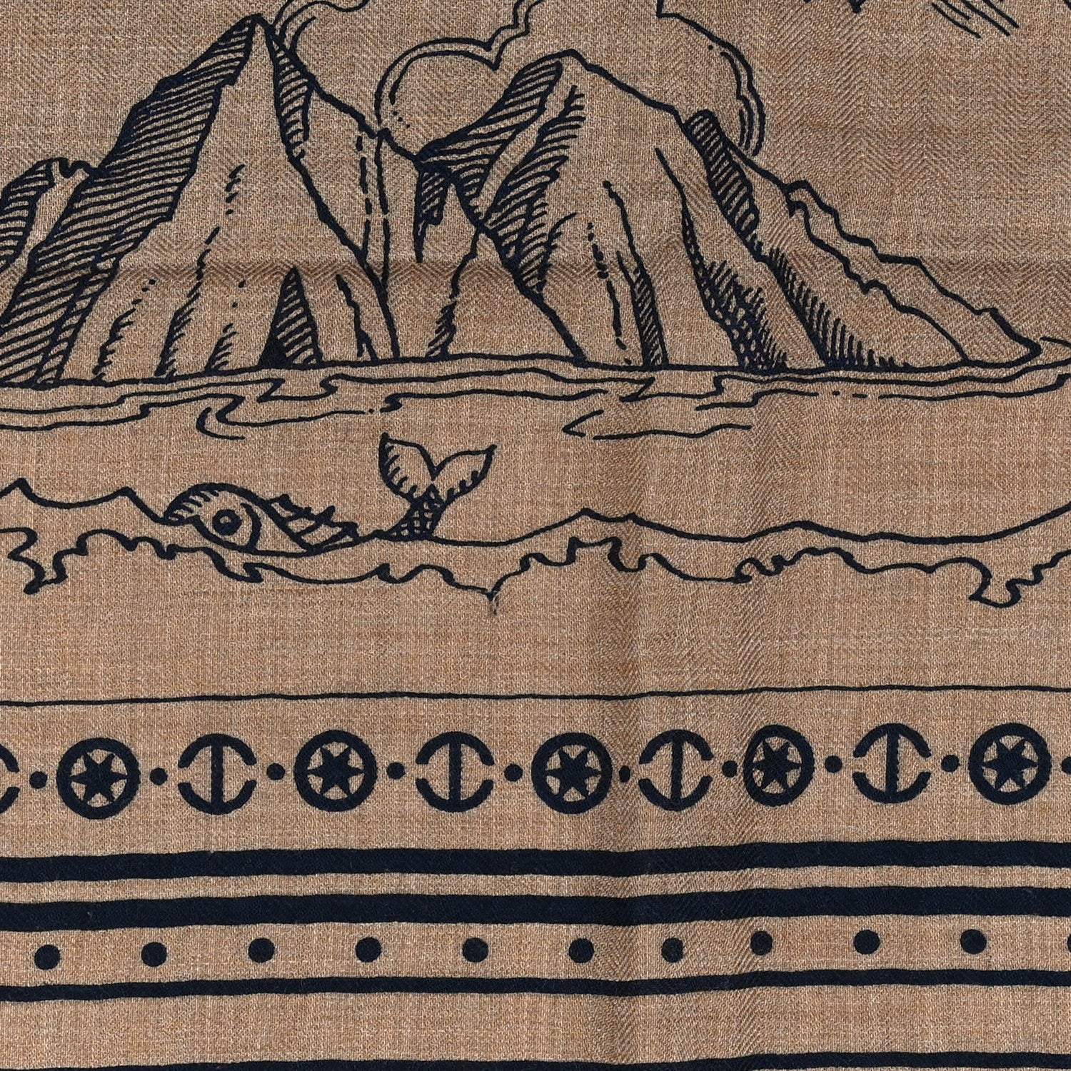 Hermes Cashmere Silk Tatouages Marins Bandana Shawl 140 Caramel