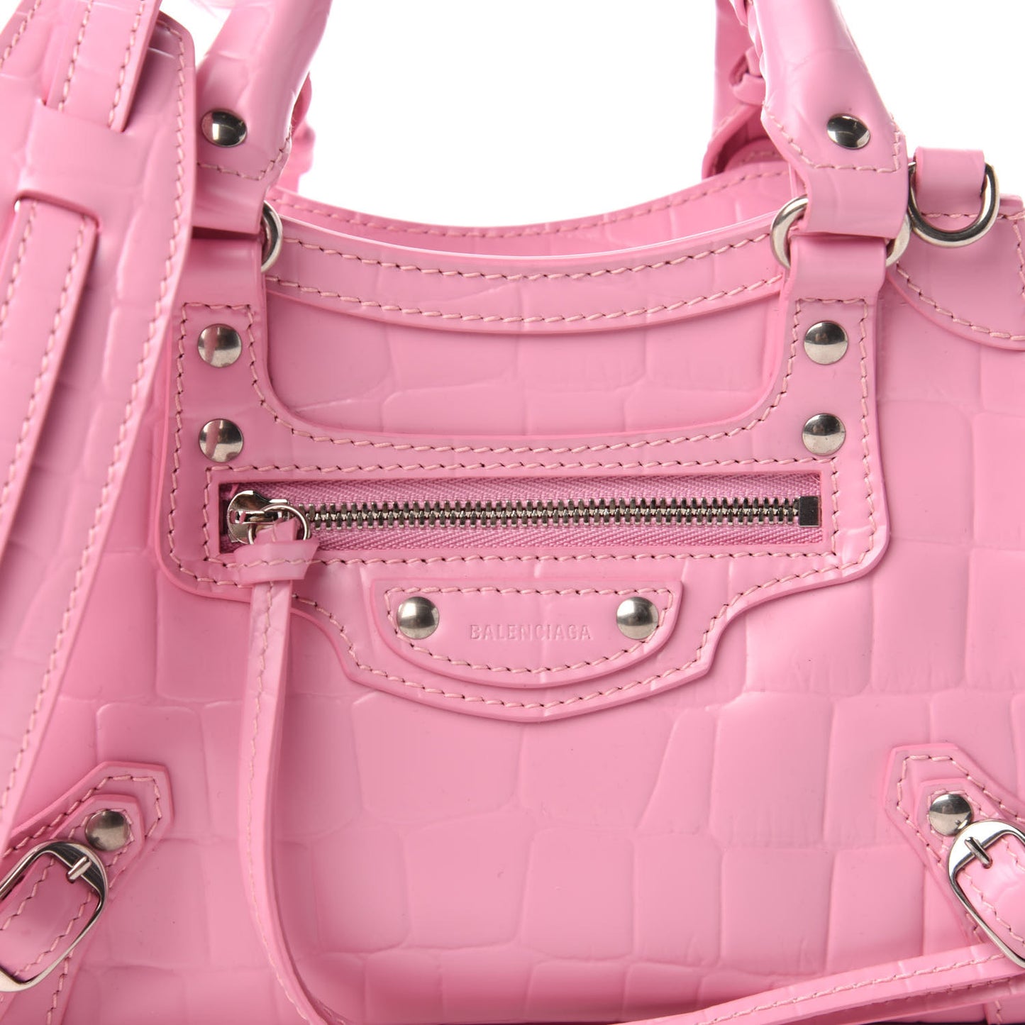 Semi Shiny Calfskin Crocodile Embossed Neo Classic Silver Hardware Mini City Pink