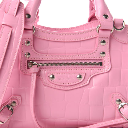 Balenciaga Semi Shiny Calfskin Crocodile Embossed Neo Classic Silver Hardware Mini City Pink 9 of 9