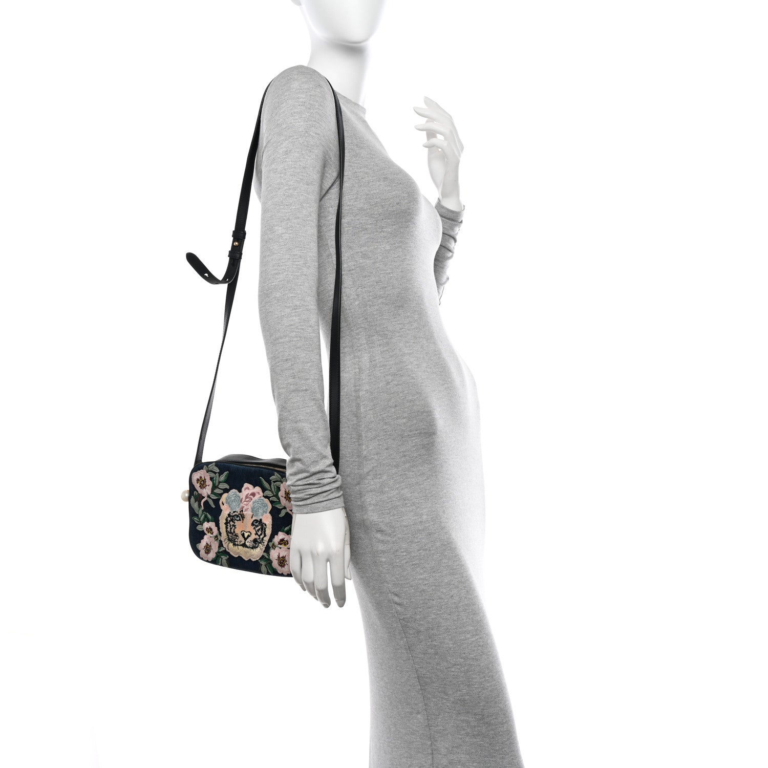 Gucci Denim Tiger Floral Embroidered Small Camera Shoulder Bag Blue Multicolor 2 of 13