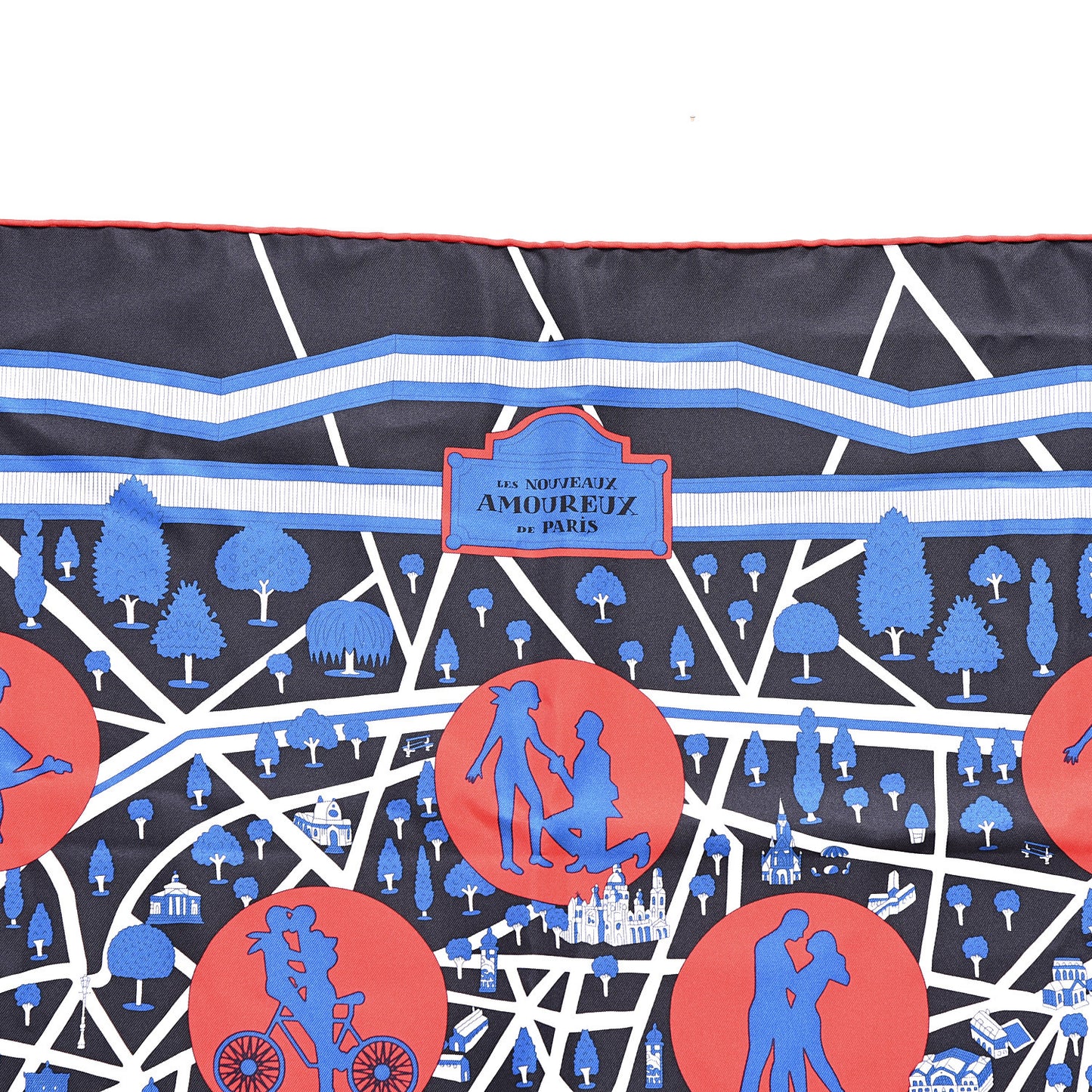 Silk Les Nouveaux Amoureux de Paris Scarf 90 Bleu Black Rouge White