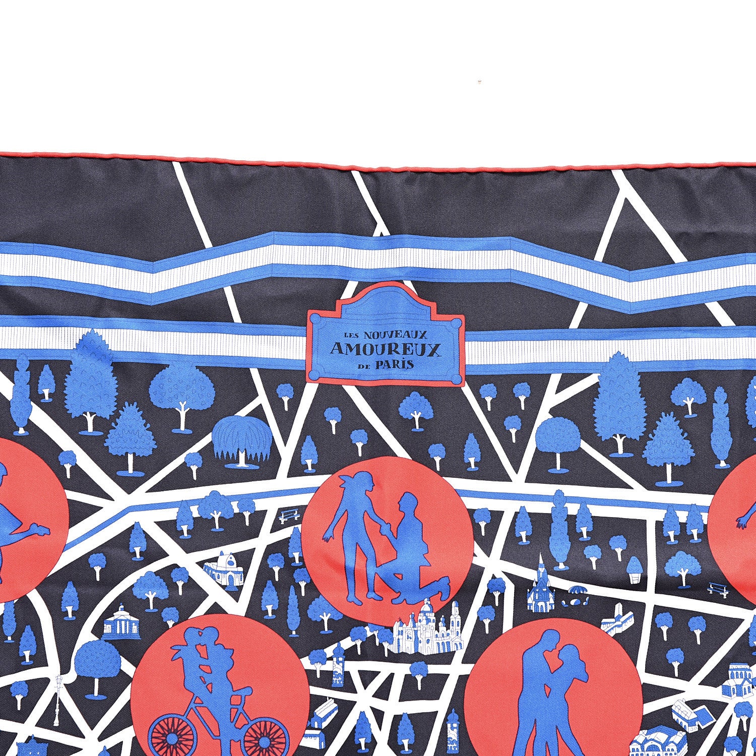 Hermes Silk Les Nouveaux Amoureux de Paris Scarf 90 Bleu Black Rouge White 2 of 6