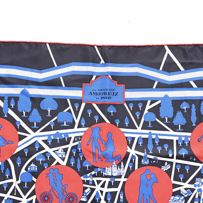 Hermes Silk Les Nouveaux Amoureux de Paris Scarf 90 Bleu Black Rouge White 2 of 6