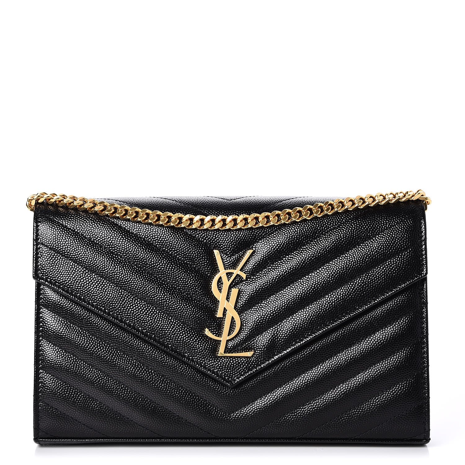 Saint Laurent Grain De Poudre Matelasse Chevron Monogram Chain Wallet Black 1 of 8