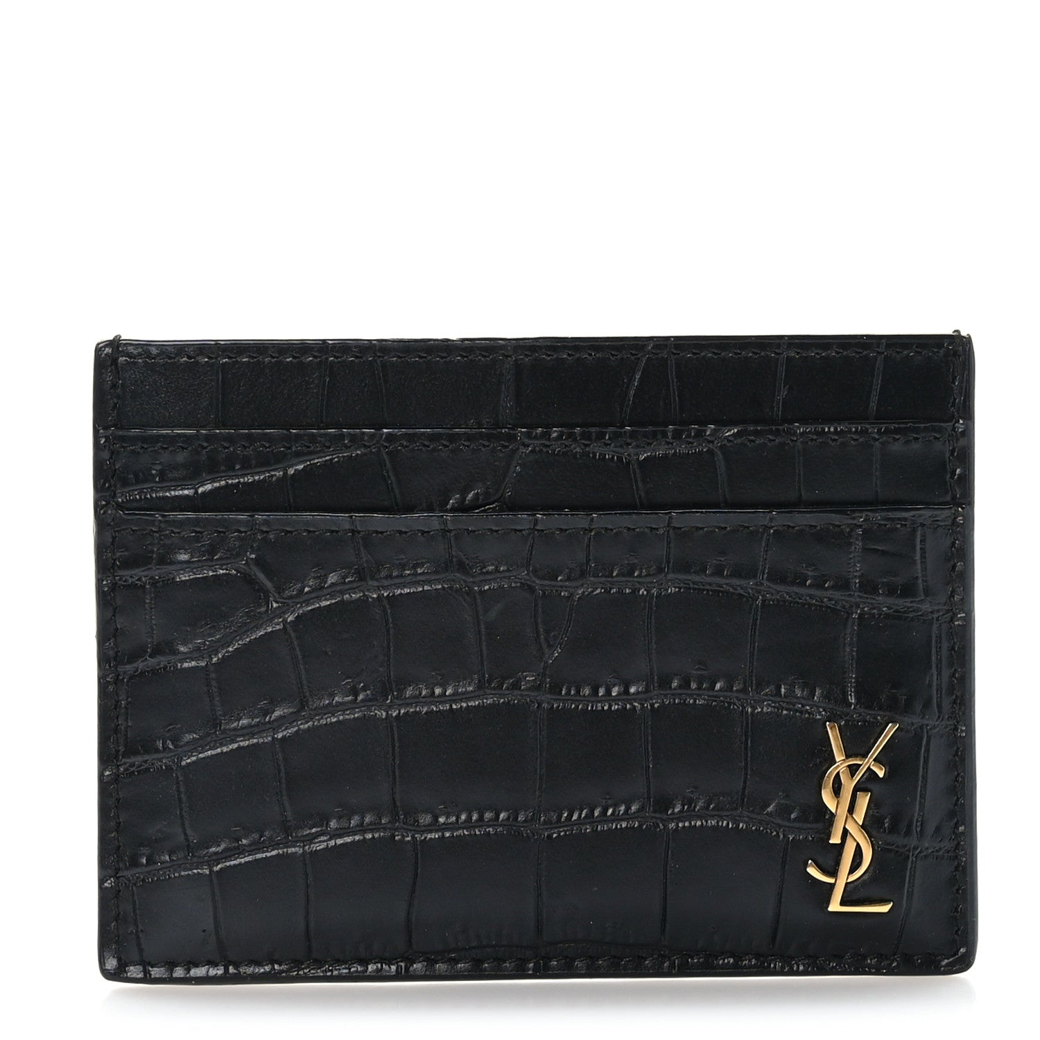 Saint Laurent Calfskin Crocodile Embossed Monogram Tiny Cassandra Credit Card Case Black 1 of 7