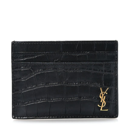 Saint Laurent Calfskin Crocodile Embossed Monogram Tiny Cassandra Credit Card Case Black 1 of 7