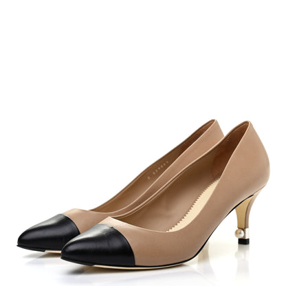 Chanel Lambskin Cap Toe Pearl Pumps 39 Beige Black 3 of 8