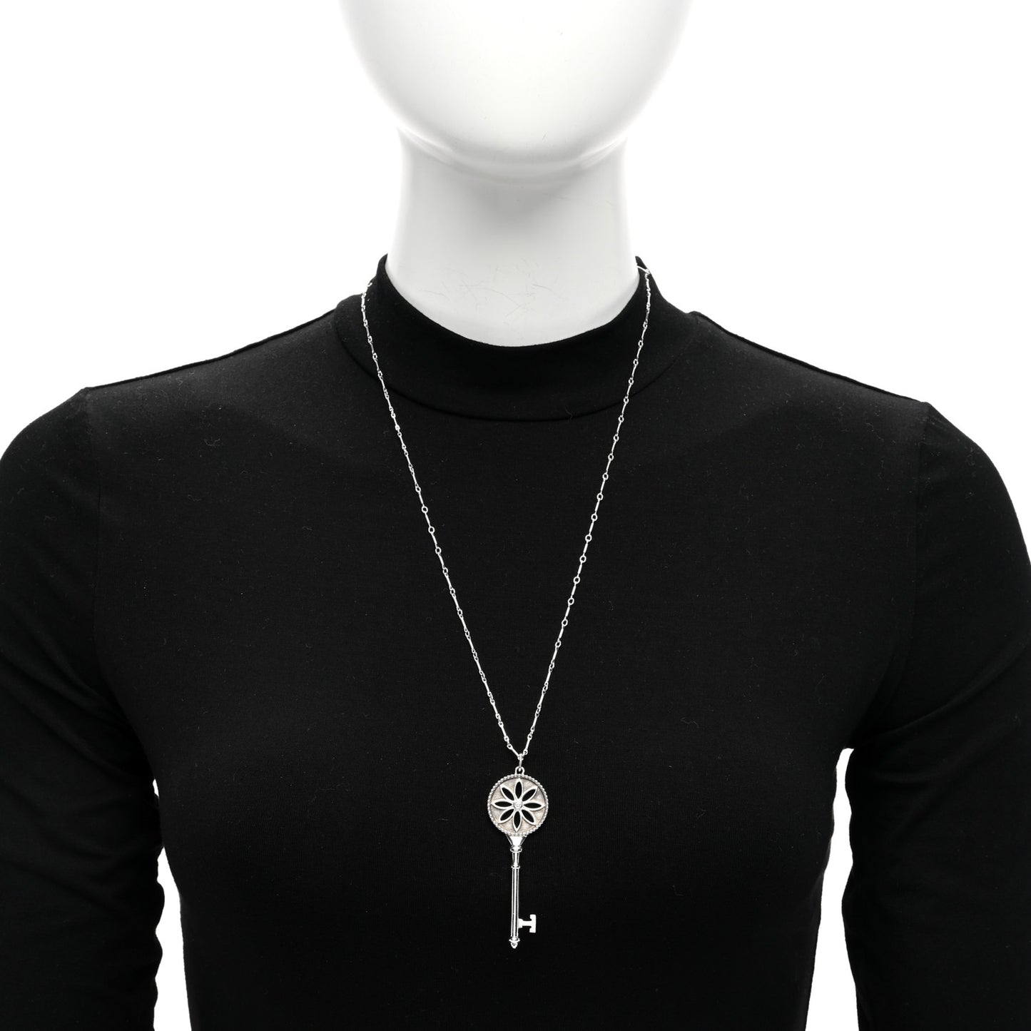 Sterling Silver Diamond Large Daisy Key Pendant Link Necklace