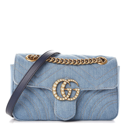 Gucci Denim Matelasse Mini Pearly GG Marmont Shoulder Bag Blue 1 of 7