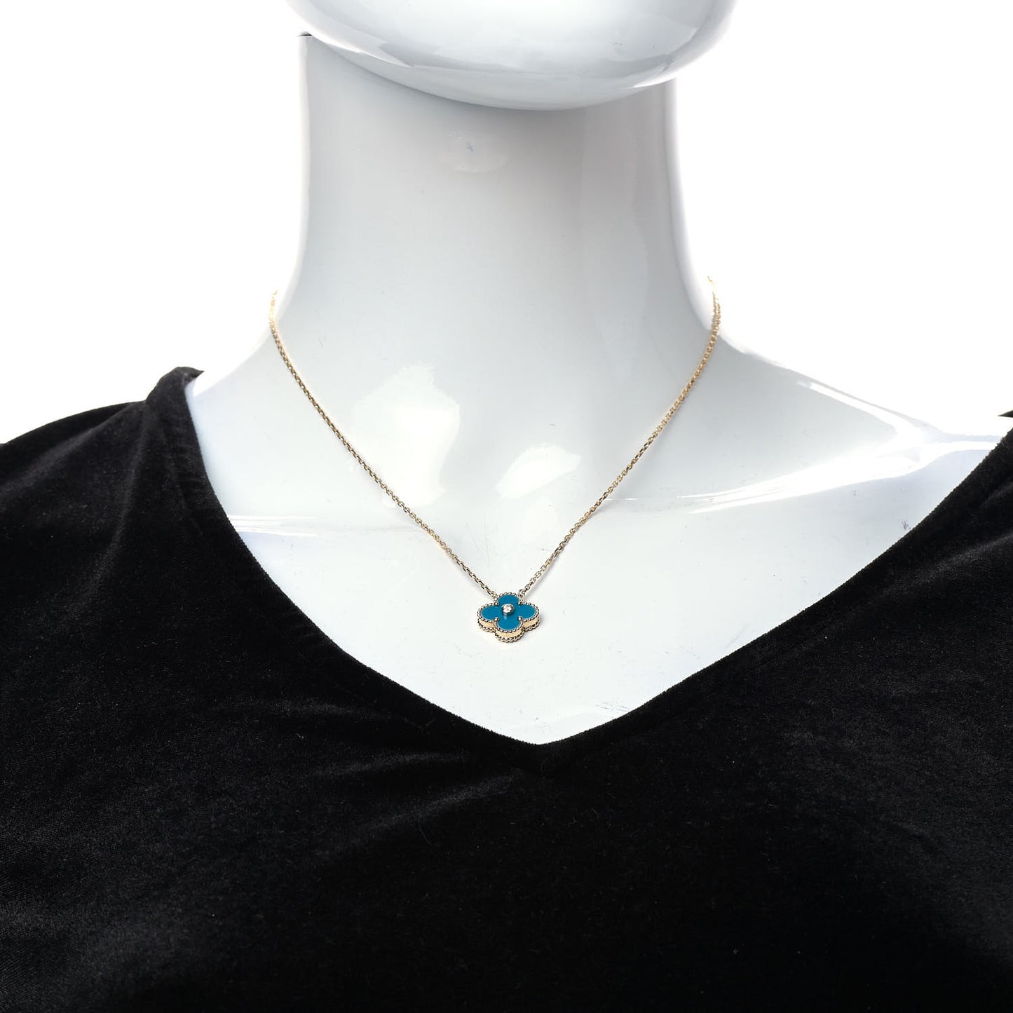 18K Yellow Gold Diamond Celestial Blue Sevres Porcelain Vintage Alhambra Pendant Necklace