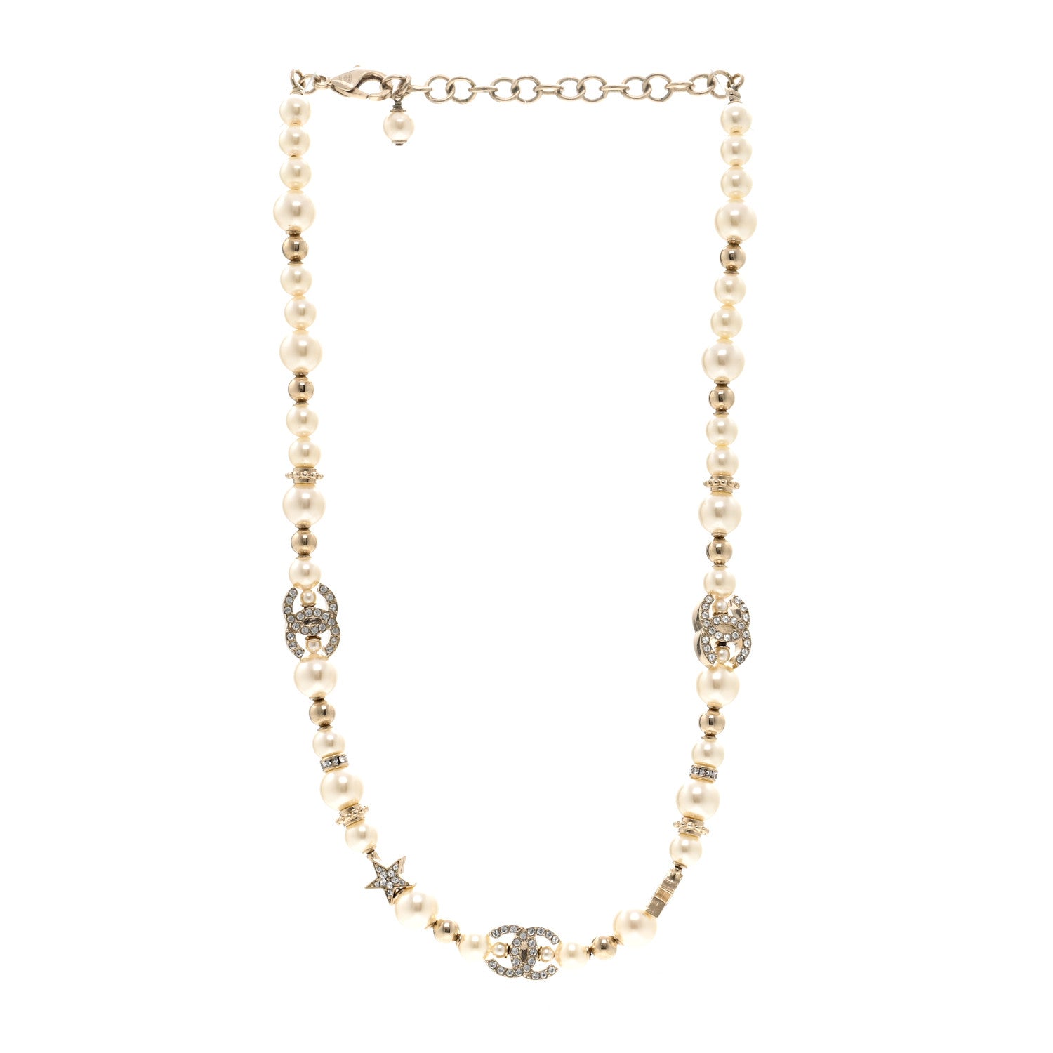 Chanel Metal Crystal Pearl CC Star Short Pendant Necklace Gold 3 of 6