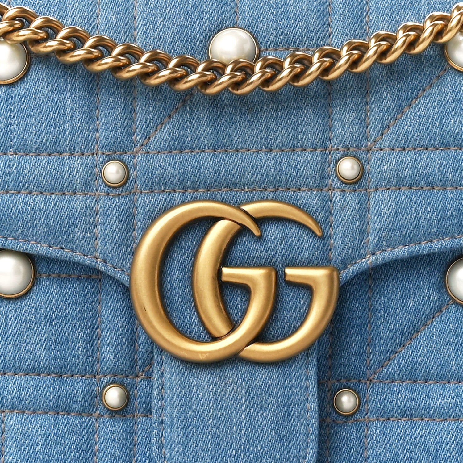 Gucci Denim Matelasse Studded Small Pearly GG Marmont Shoulder Blue 9 of 11