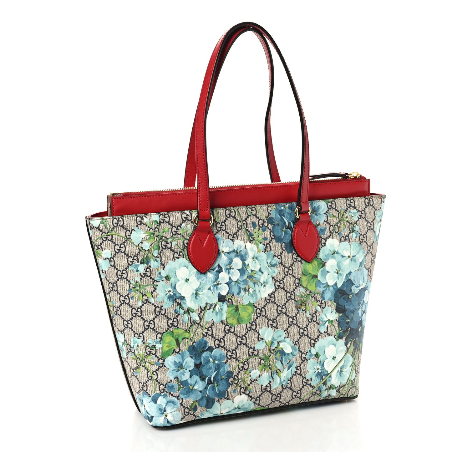 GG Supreme Monogram Blooms Medium Zippered Bucket Tote Beige Blue Navy Hibiscus Red